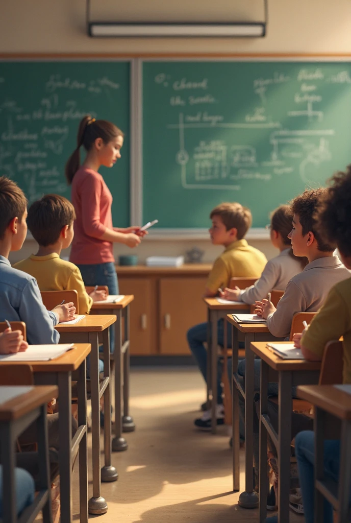 A classroom setting with a young boy raising his hand, looking eager and curious. The teacher, standing at the front of the class, is attentively looking at the boy, perhaps pointing at a chalkboard or interactive screen with lesson content. The classroom should have desks, chairs, and educational materials like posters or books visible. The overall atmosphere should be engaging and educational, highlighting the interaction between the student and teacher.