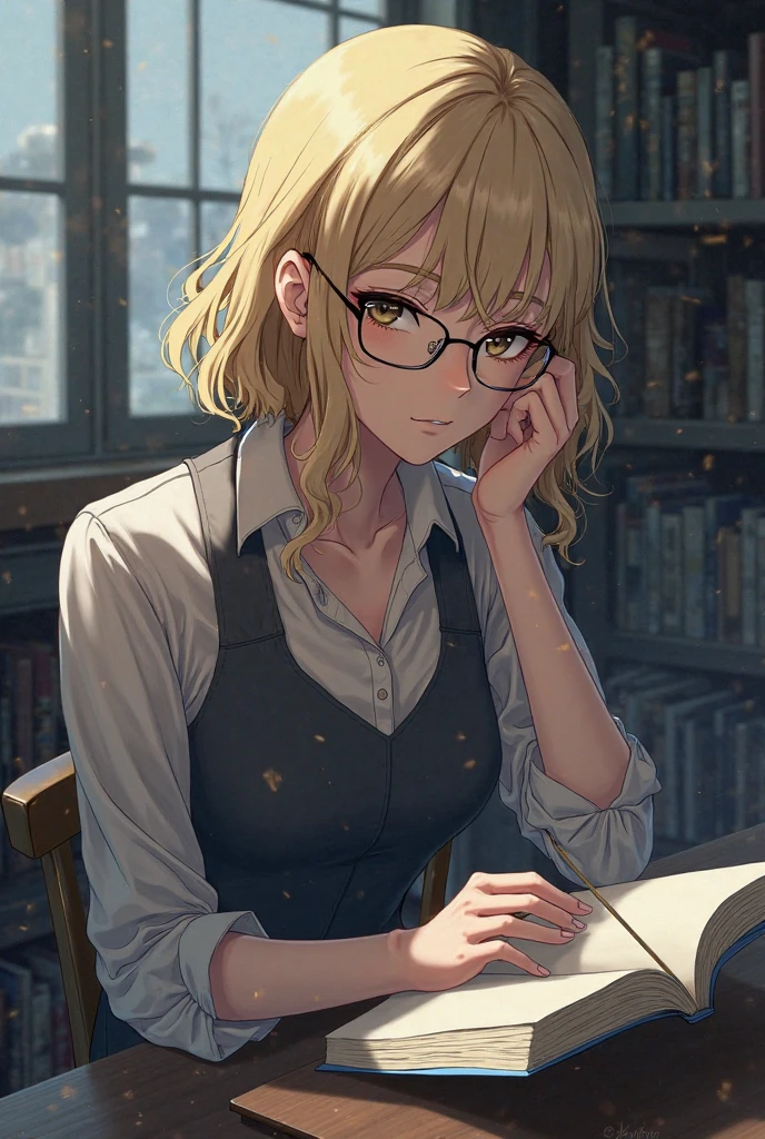 Dynamic posing, dynamic angle, Arrange pose,Top quality work，Show Legs，((short wavy Creamy Golden Blonde hair)),(Creamy Blonde hair),(short hair),(wavy hair),(golden eyes), ( 16 years old), lovely red lips, Rose cheeks, Pretty Face, A perfectly proportioned face white stockings, full-body view， amazing, Large round chest、Beautiful eye details、Beautiful eyelashes、beautiful double eyelid,  with blush cheeks, Thin frame glasses、Thinking Face、(Open button shirt、Wearing medium breasts with cleavage)、sitting down、study、rest、Lying on the table、Holding a pencil、Open Books、book、Table lamps、break、the in living room、Wall decoration、 Mini Library、Glass window、Wall clock、Movie Light、photo-realistic、maximum quality、 Complex CG、High-definition face、High Precision Eyes、Ultra-fine face、Ultra Fine Lips、Ultra-fine eyes、Double eyelidd、super-detail
