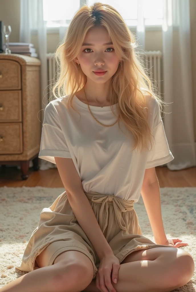 Beautiful Japanese Women, Angelic Face,Long, straight blonde hair,bangs, big breast,  big breasts , big  ,  Big Breasts, big chest,double eyelid,  Beautiful Face,  High resolution, Realistic details, wearing a sexy off shoulder big loose t-shirt, Shorts,Selfie, inside her big apartment home, Selfie ,girl ,Selfie ,