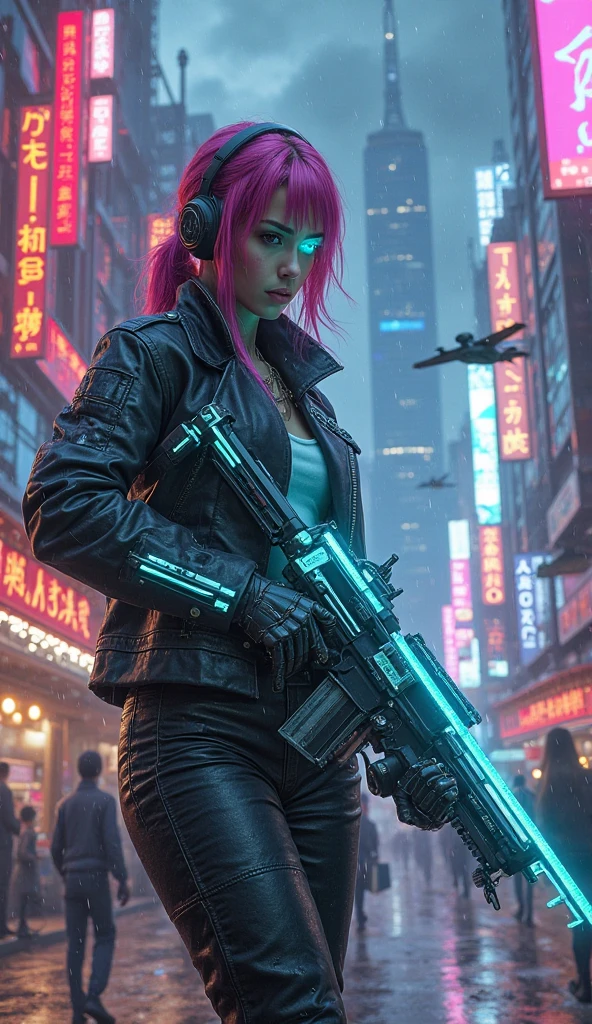 A lone cyborg warrior in a dystopian futuristic metropolis, holding an electric-blue neon plasma rifle. Her mechanical arm, gleaming with luminous circuitry, intertwines with her worn holographic leather jacket. Behind her, skyscrapers covered in giant holographic screens project advertisements in red kanji, while surveillance drones zoom through stormy skies tinged with purple and black. Acid-rain-filled streets reflect neon lights from clandestine brothels and ramen stands radiating orange steam. On her face, a digital eye interface flickers with green codes, contrasting with her fuchsia-dyed hair. A cyberpunk-saturated atmosphere: oppressive technology, urban decay, and an aura of clandestine rebellion. The hyper-detailed style draws influences from Blade Runner and Ghost in the Shell, with dramatic lighting and neon backlighting.