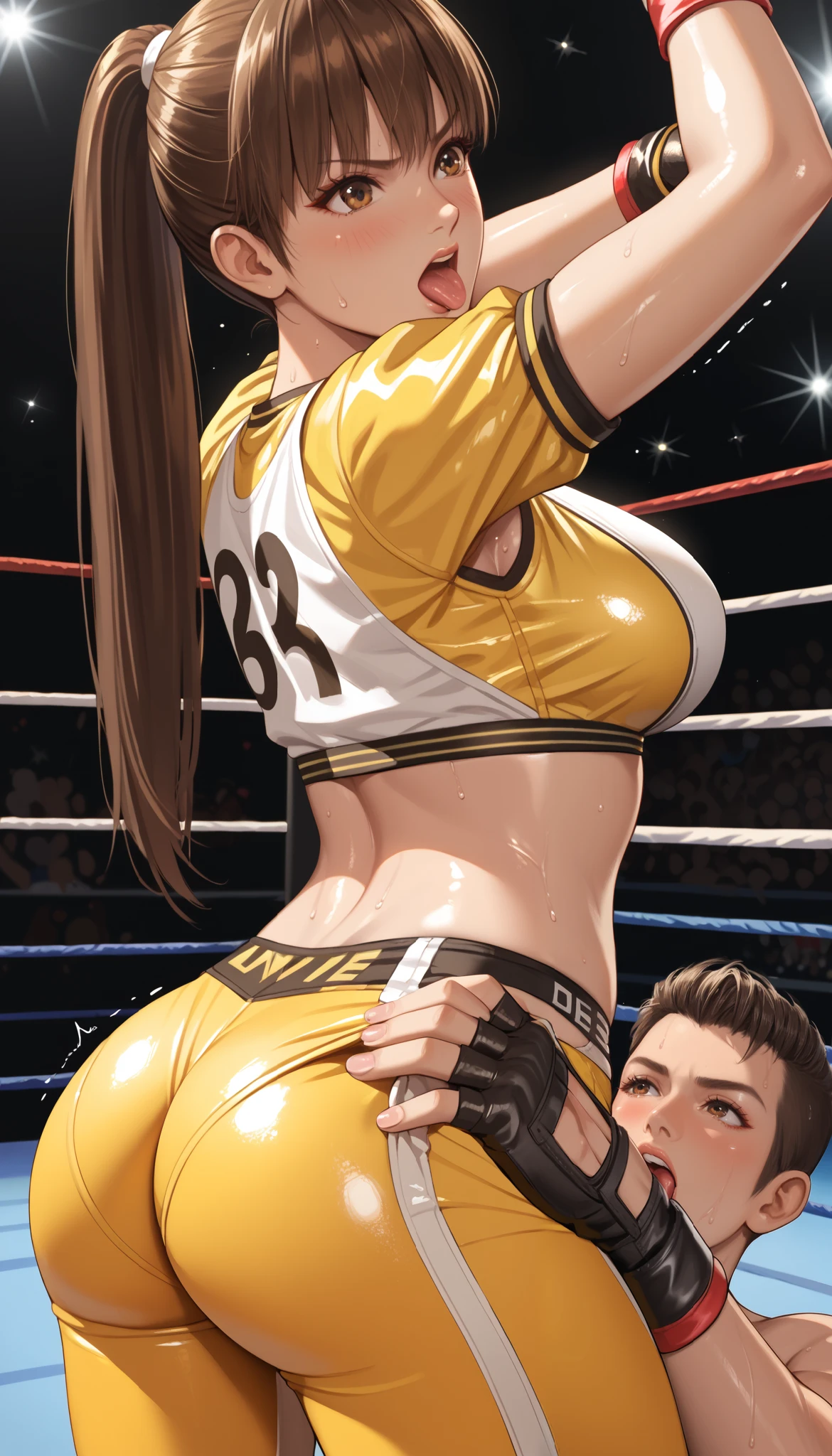 LeiFangDOA, brown hair, (long brown straight hair:1.5), shiny crop top, (shiny yellow leggings, undressing), short sleeves, fingerless gloves, breasts, looking back, armpits, gasp, be breathless, sweat, sparkling sweat, trembling, brown eyes, breasts, [[angry]], blush, {anguish}, {{shameful}}, wrestling ring, from behind, man licking her upper buttocks, nsfw, bare upper buttocks:1.5,