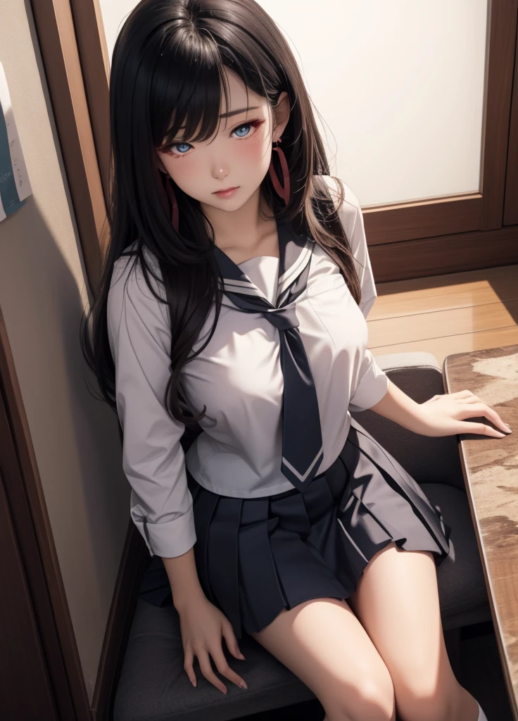 Photorealism、highest quality、超A high resolution、Browsing Caution、Woman in uniform sitting on bed、Low angle shot:1.5、(M-shaped foot:1.4)、She opened her legs wide:1.5、Sit with your knees bent and your legs apart、((Showing panties:1.5))、A sexy look for the camera、((Blonde))、((pink silk panties))、((Panties close up:1.4))、Tartan plaid pleated skirt、Knee socks、A cute and beautiful face down to the last detail、(Purelos Face_v1:0.008)、Brown eyes、eyeliner、blush、Embarrassing、Glare、 Glossy Lips: 1.4, impatience、It was scary、Glare、Panty Appeal、Panties close up:1.3、blush、is crying、cry、Open your knees、Spread your legs、Disheveled clothes、dressing、Medium Long Hair,In the bedroom、Anatomically Accurate human body、Perfect Arms、Perfect hands、Perfect Fingers、Perfect Legs、Accurate human body