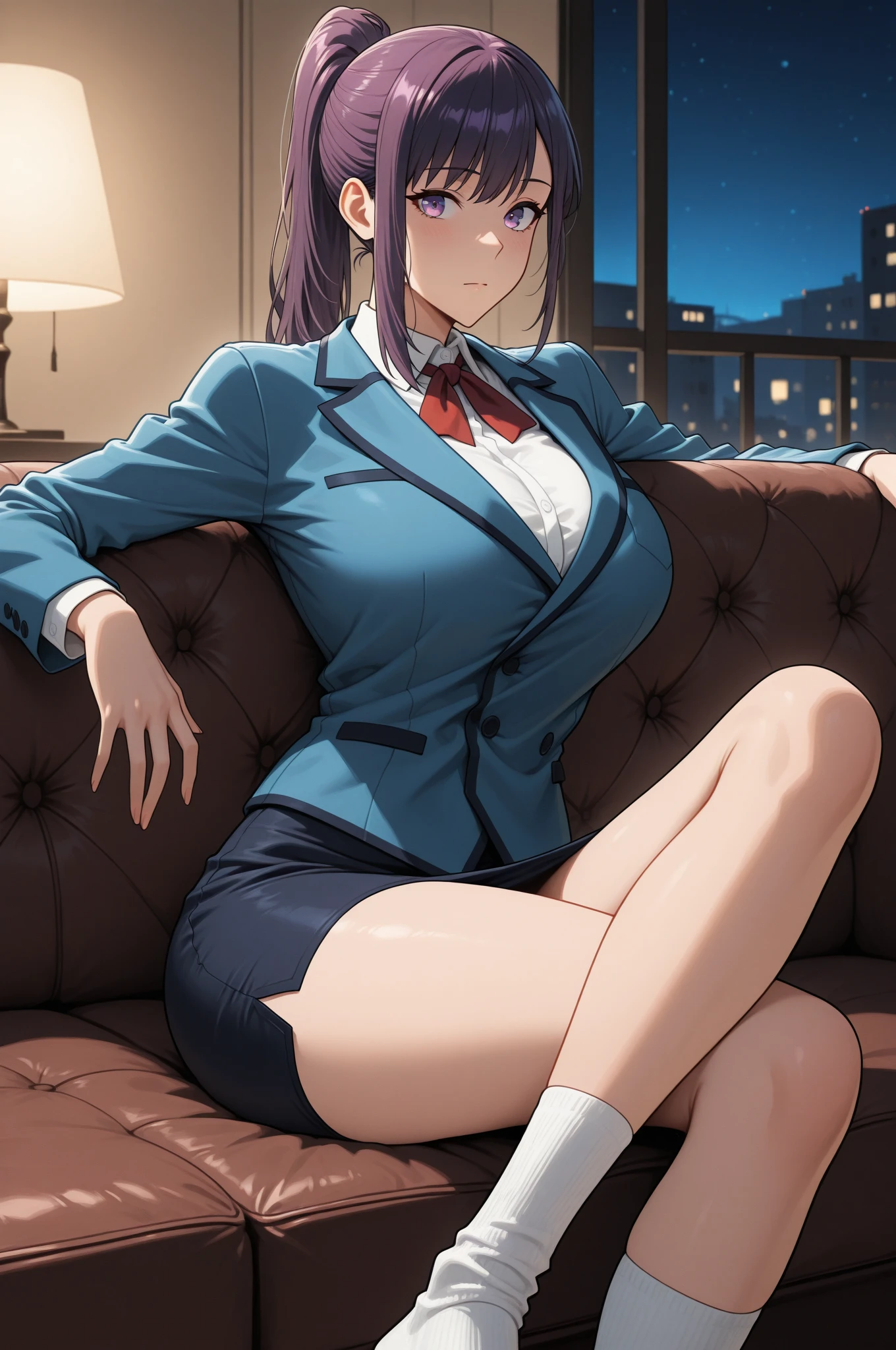 masterpiece, best quality, 1girl, adult female, beautiful business woman sitting on bed, long hair, dark red hair, wavy hair, blazer, slim body, black midi pencil skirt, business suit skirt, long skirt:1.3, heels, bracelets, bedroom, window, night sky, atmospheric, moody, view from above, bright eyes, blush, nervous smile,