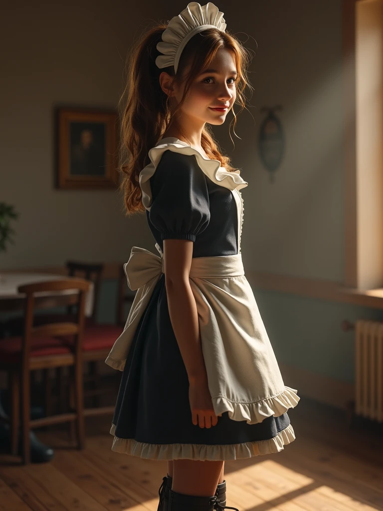 sews, , Children's proportions, curly hair, Curls, dark hair, sewing, design, seamstress, Bright skin, Blue eyes, European appearance, elegant dress, Rich furnishings, realistic movie still, small nose