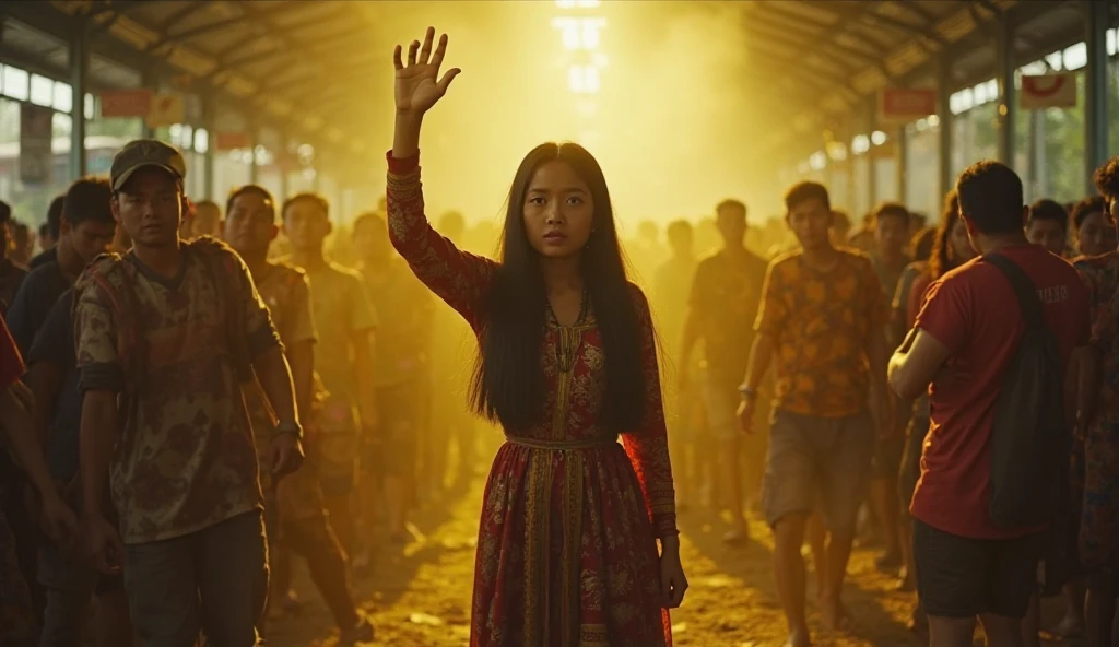A Thai girl with long hair reaching her mid-back is walking forward in traditional Thai attire, her face filled with fear. Behind her, a fence is covered with zombies reaching out their arms towards her. The scene is set at dusk, capturing a sense of urgency and dread. Use intense color grading and a mix of close-ups and wide shots to convey the dramatic atmosphere.