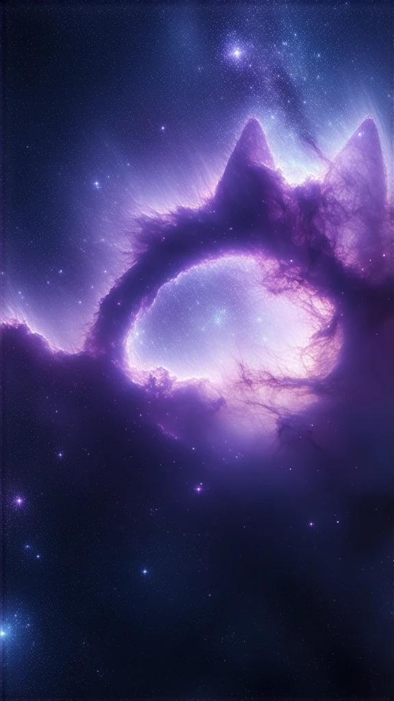 ultra-detailed, best quality, clear focus, dramatic scene, cinematic, shadow, (ultra-high resolution), (8k), there is a giant cat shaped nebula, amazing view of the earth and planets with milky way, The nebula in the shape of a giant cat is composed of a mysterious purple gradation and a myriad of shining stars, dynamic scene