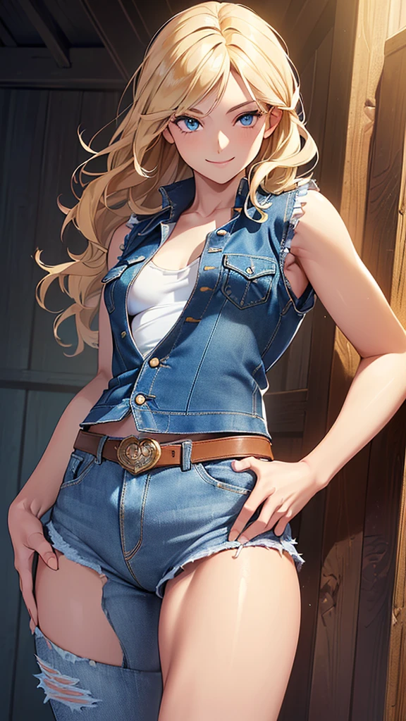 (Masterpiece: 1.4, Best Quality), (Intricate Details), Unity 8k wallpaper, super detailed, beautiful and beautiful, perfect lighting, (1 girl), (blonde hair, black eyes, big breasts), dynamic pose, dynamic angle, lipstick, big breasts, detailed background, realistic, solo, perfect detailed face, detailed eyes, highly detailed, blush, hair accessories, smile, (denim vest, no underwear, open vest, exposed internal test breasts: 1.5), exposed navel, (super short denim skirt:1.5), thin waist, big ass, standing, (Long wavy, curly, long wavy), long hair, femininity, knees