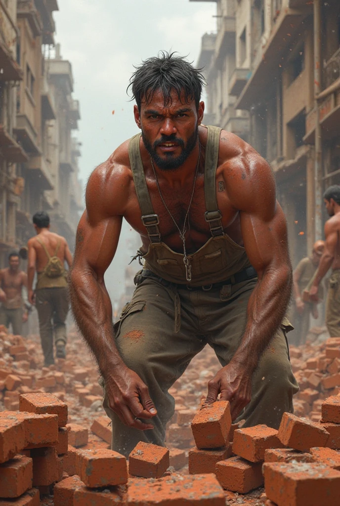 Create realistic images a Thai man stand to the side and turn their heads to look forward. On the back, he carries a camouflage backpack. Both hands gripped the hilt of the Katana sword. Clothes were stained and partially torn. Standing in the middle of a road full of overturned car wreckage. The background is an abandoned building. Thai style building and there is a large yellow Buddha statue.