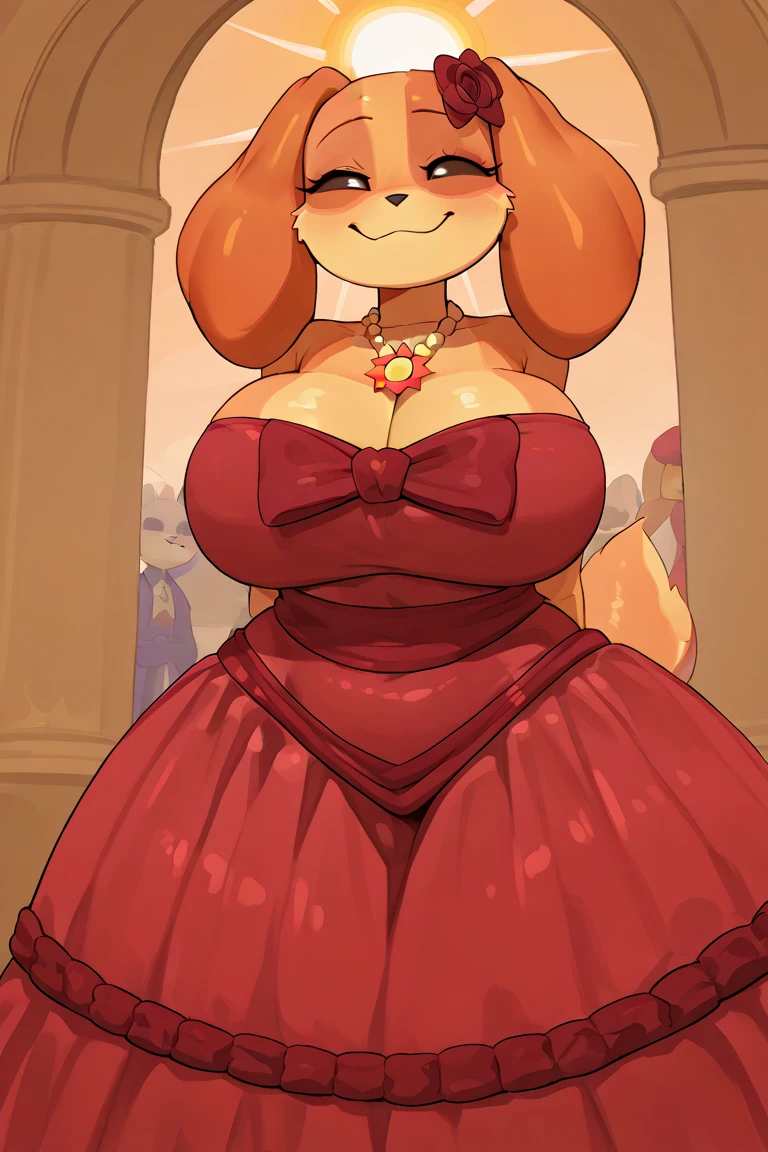 Blonde polar bear woman, wearing a backless Santa dress, perfect face, blue eyes, big breasts, cleavage, three-quarter view, solo, smile, perfect detailed body, pink lipstick, hand on hips, gold earrings, blushing
