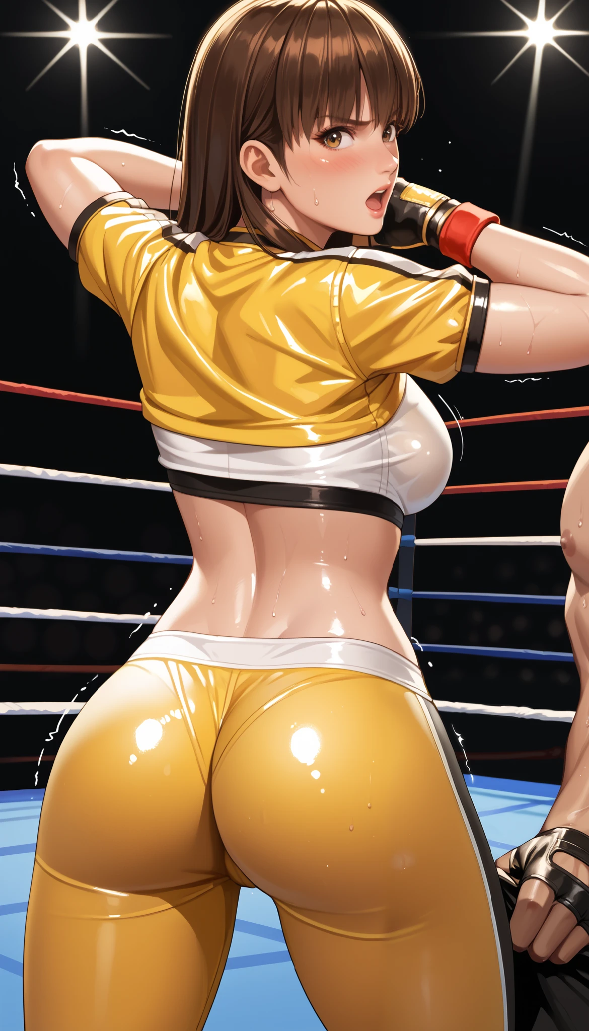 LeiFangDOA, brown hair, (long brown straight hair:1.5), shiny crop top, (shiny yellow leggings, undressing), short sleeves, fingerless gloves, breasts, looking back, armpits, gasp, be breathless, sweat, sparkling sweat, trembling, brown eyes, breasts, [[angry]], blush, {anguish}, {{shameful}}, wrestling ring, from behind, man’s face put on her upper buttocks:1.3, nsfw, bare upper buttocks:1.5,