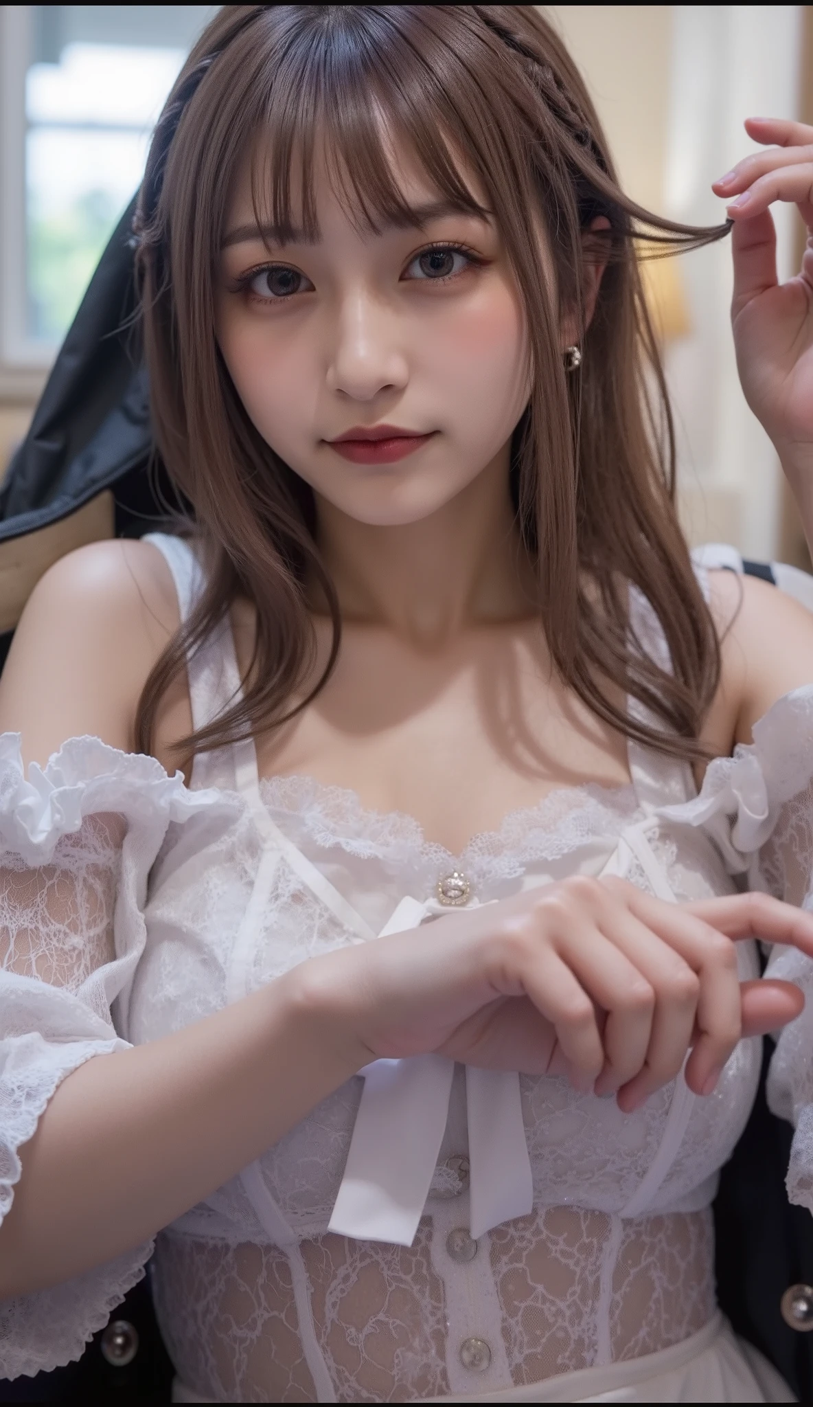 (((Correct sex education))), (Sexy 3D Hologram:1.2, bright colors:1.2), (tech vibe:1.2), (detailed hands:1.2, perfect right hand:1.1,), The sci-fi aesthetic ,SOFT LIGHTING, full body, ((Cute clothes that accentuate breasts:1.2)), scene in the palm of a person's hand is real and beautiful,Highlighting a digital face, (s Idol:1.3、ish face:1.4、:1.4), beautiful small face, Moisturized Sexy Lips, medium hair, random hairstyle, dark eyes, cute girl's real and beautiful body, slender body line, Tight Waist, thin thighs, beautiful feet, (perfect anatomy:1.3)