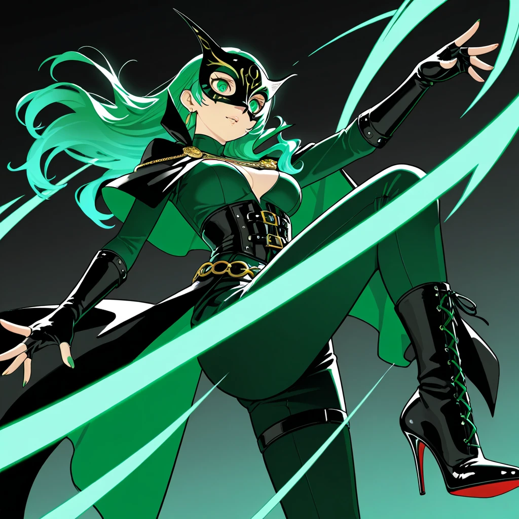(dark hair with slight blue hue, long hair) , yellow slit eyes, in forest, tight leotard,open on abdomen from cleavage to below belly button with belly showing, massive tits, small green cape over her right shoulder, thigh-high boots, green gloves, snake tattoo on left leg and scales tattoo under her left eye,nice lighting