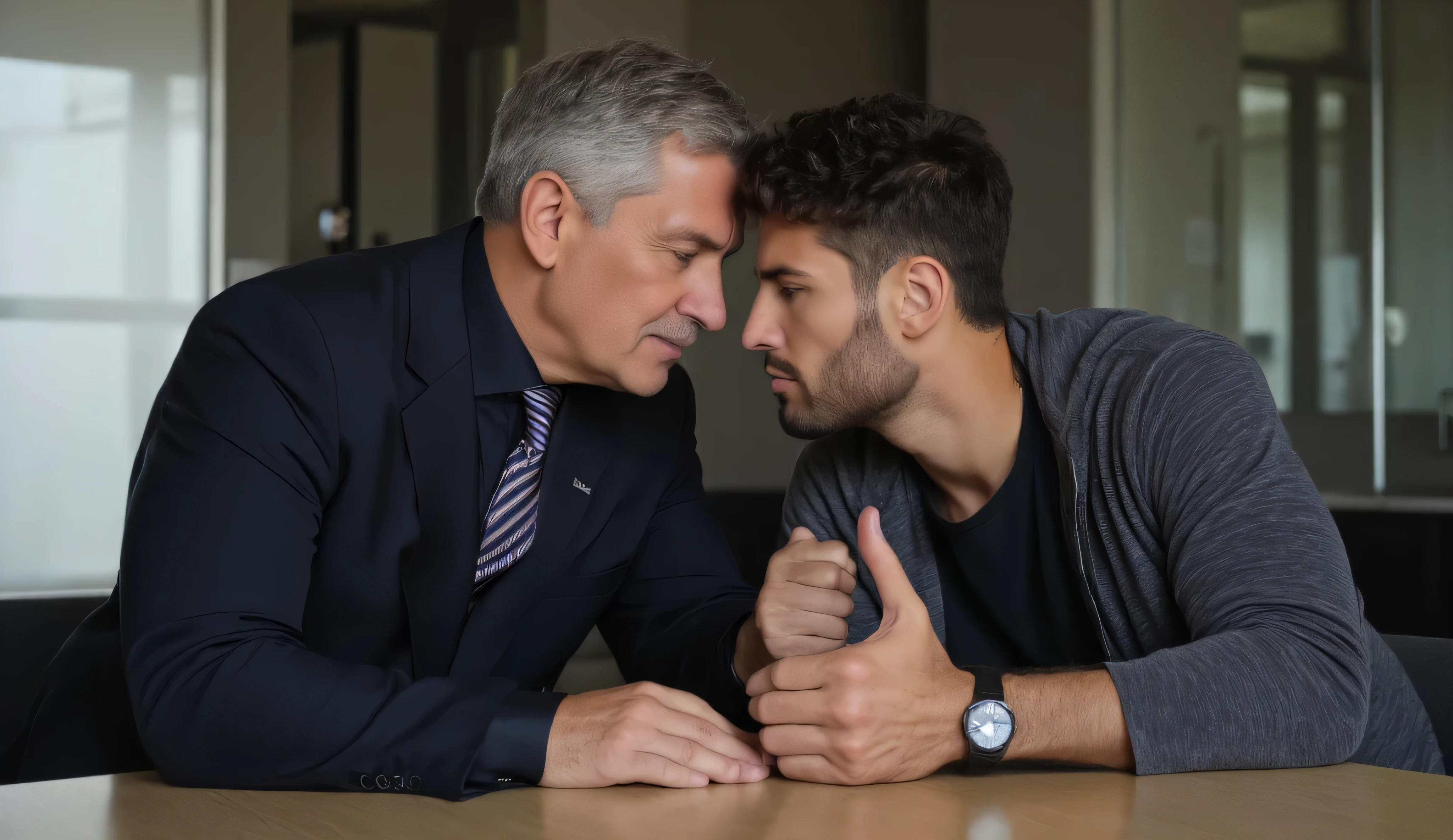 Two men, gay love, pierce, intimate, love , desire, kissing. A CEO( older with silver-streaked dark hair, piercing blue eyes, chiseled jawline, wearing an expensive tailored dark suit with perfect Windsor knot tie. His expression shows conflicted emotion and intensity)touching other man's hand above the table, other man(younger with tousled dark hair, intelligent hazel eyes, stubbled jaw, wearing a stylish but less formal charcoal button-down. His expression is challenging and passionate.). Corporate bathroom floor-to-ceiling. Wide panoramic camera angle.