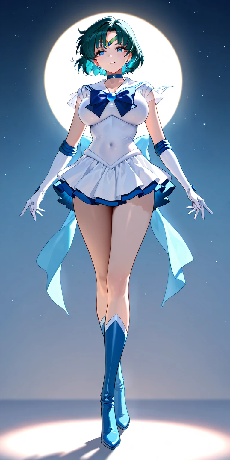 masutepiece, Best Quality, 1girl in, (Sailor Mercury),lightblue hair, (black eyes:1.2),((bunnygirl))、((leotard))、((embarassed expression))、((fullmoon))、((Photo from below))、(((pantyhose)))、((Short Hair Hair))、((White Long Gloves))、((open one's legs))、((rabbitears))、((tiarra))、((whole body Dripping wet))