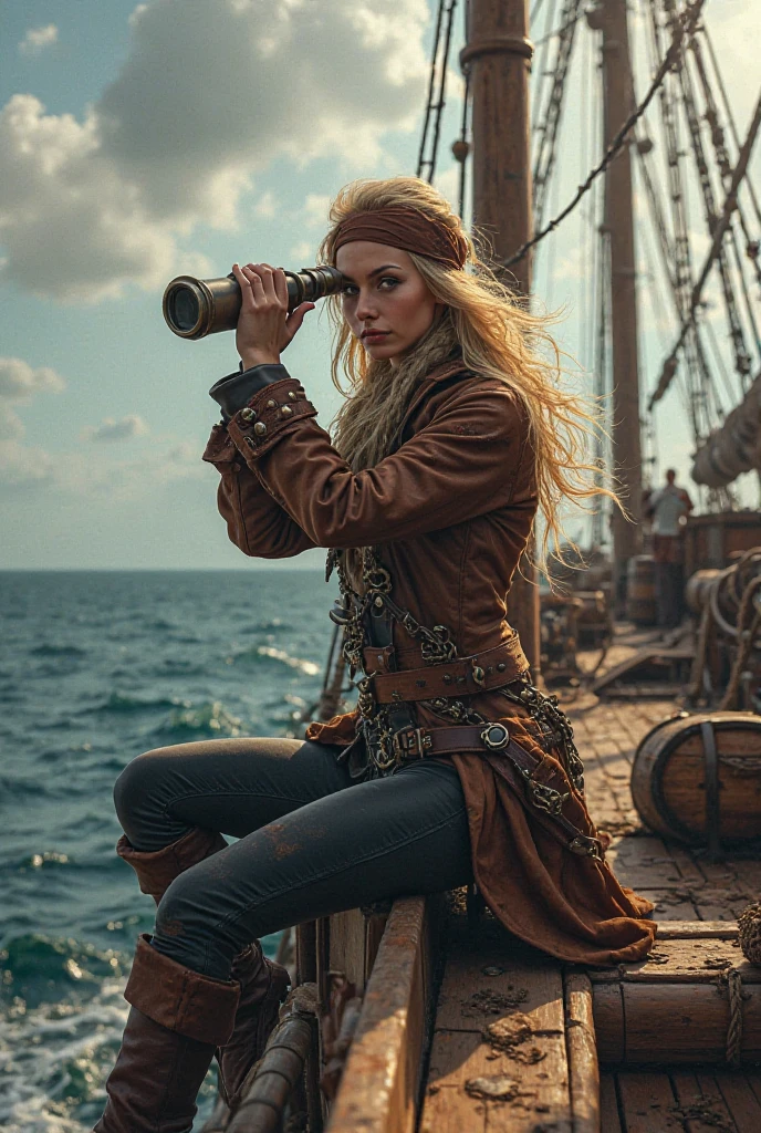 Badge Beautiful blonde pirate sitting on the edge of the ship looking ...