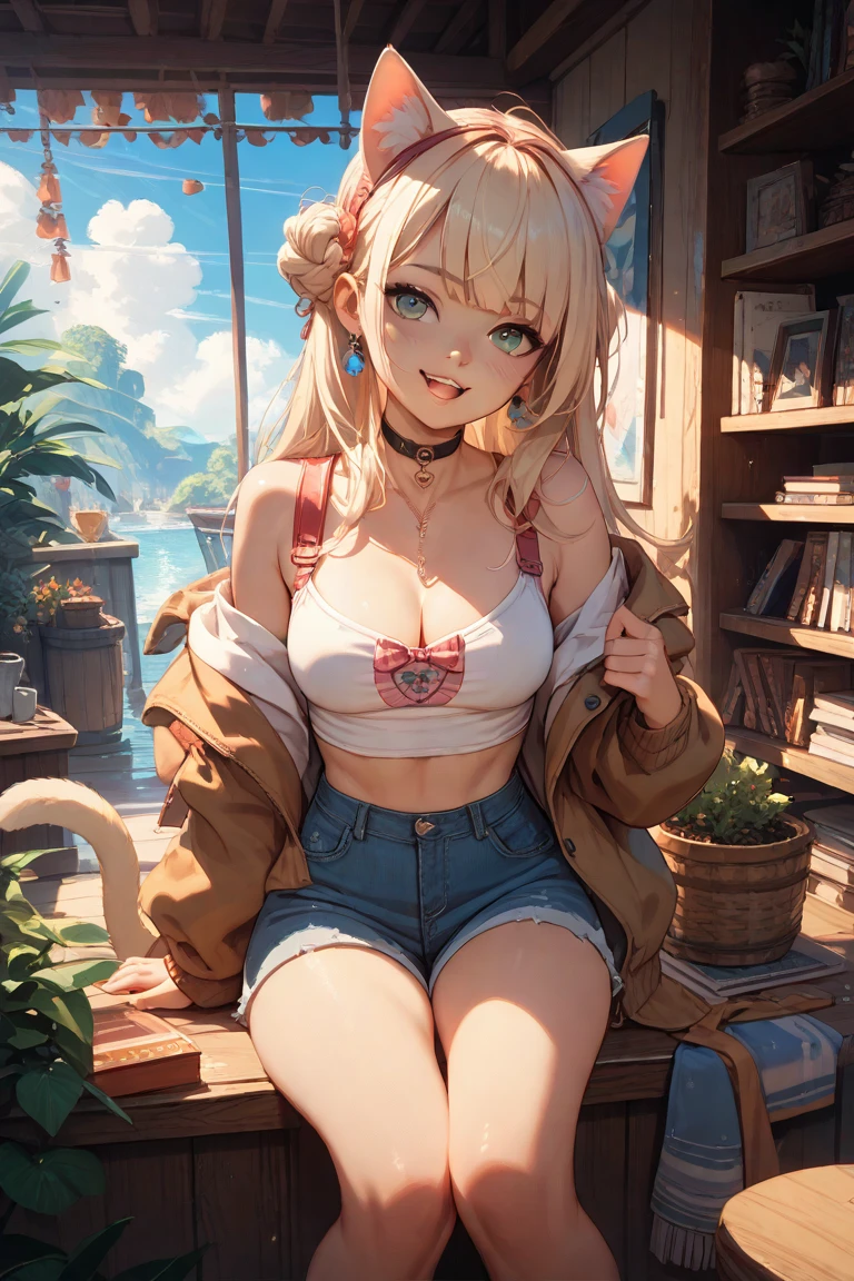 Anime Kawaii sexy Perfect Slim sensual body large breast and huge thighs, An intricate and highly detailed illustration of anime (Young girl)  (best qualityer, work of art) ((1 girl)), ((única Woman)), Woman, Thick, big cleavage, Jumpy, hot head, melhorar, skin tanned, ((abdomen)) (darkskin) eyes black, hair blonde, Messy hair, ((((Tank Tops)))), sloppy, sitting on the floor, messy table, empty canned beers, inside a house