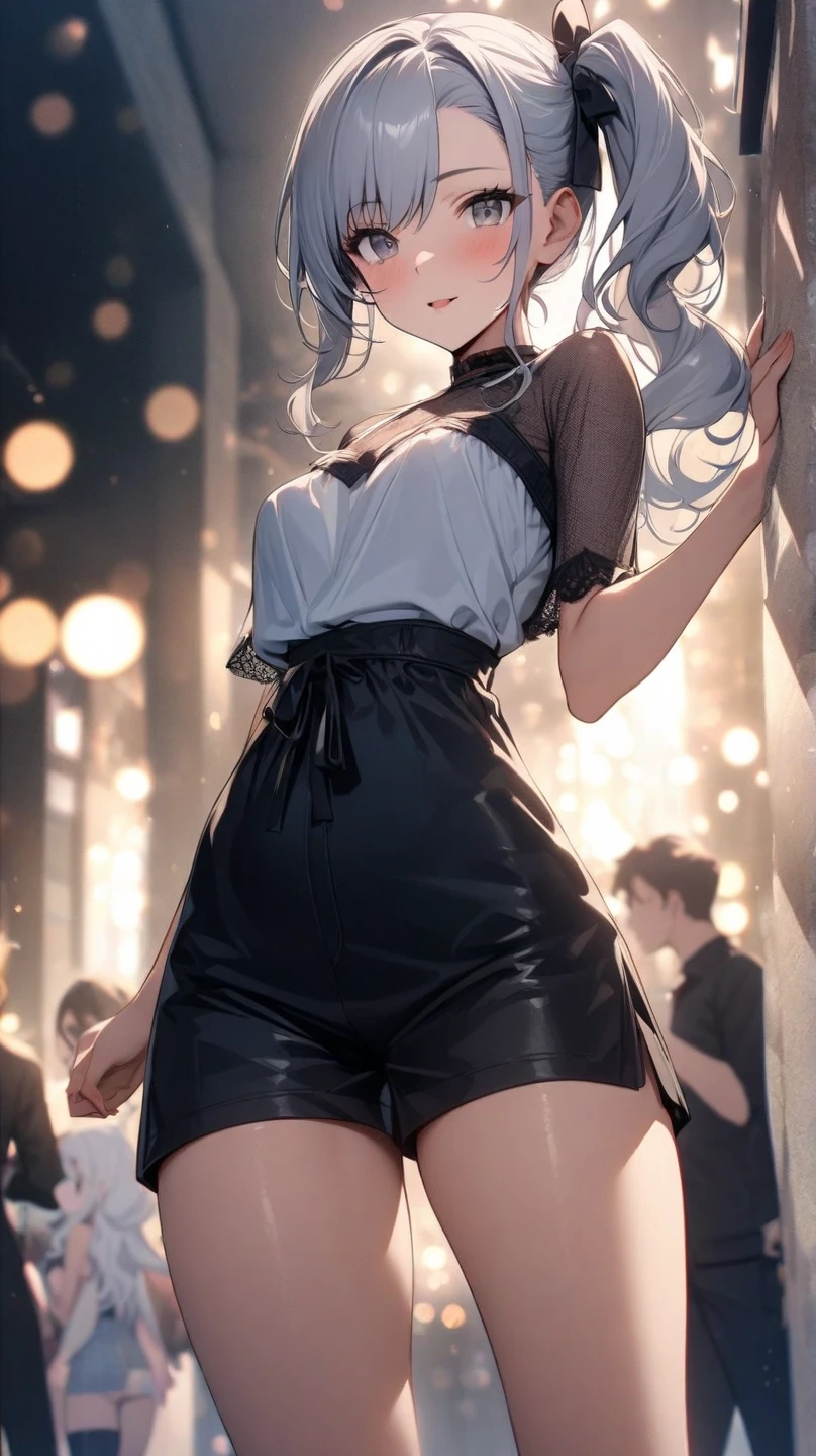 low angle,from below, ((panty shot)),(nsfw:1.5), ((lifting skirt)),((white panties focus)), ((1girl, skirt lifted by the wind,showing white panties masterpiece:1.4 , best quality)),(Vulgar,nsfw),(skirt lift,very windy),(beautiful elegant white panties),very low angle,from below),((butts and back focus)),looking back,((masterpiece) :1.4, best quality)), ((masterpiece, best quality)), (realistic:1.5),Beautiful girl RAW photo,beautiful pixie cut silver blonde hair,Japanese high school girl,full body, Walking along the dark city street, ((sexy elegant blue knit mini dress)),very cute, slim, cute eyes,evil smile,enticing sexy look,((looking back at the camera)),cinematic lighting and pause,night,crowded,neon light,(from the ground),(beautiful elegant Underwear patterns),