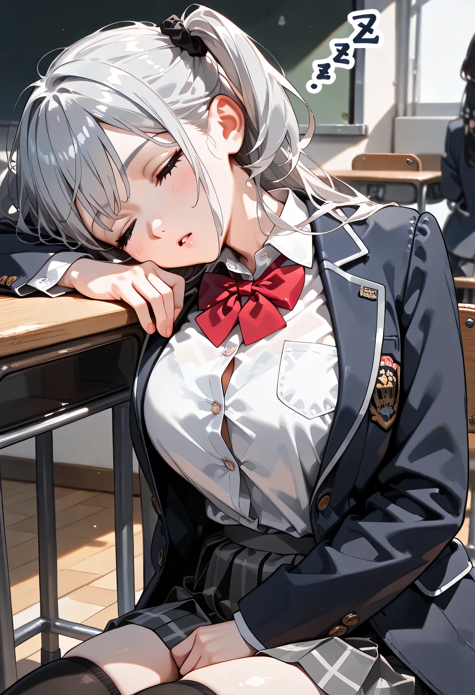 ((ultra-detailed)), (highly detailed CG illustration), (best quality:1.2), ultra-highly detailed, colorful composition, artistic photoshoot, 1girl, solo focus, ((upper body:1.4)), moe anime character, 20 years old girl, dainty facial structure, (), (round face), ((rounded chin:1.2)), ((ideal ratio body proportions)), blue eyes, ((wearing glasses:1.4)), ((round eyewear:1.4)), ((close eyes)), ((Sleeping:1.4)), ((Zzz sleeping text on the head:1.4)), ((nose bubble:1.4)), ((silver hair color)), ((two side up)), ample breast, school uniform, navy blue blazer, modern style with fitted jacket, red neck bow, long sleeves white frilled shirt, navy blue pleated skirt, and black high socks, ((sit on the Classroom chair:1.4)), from side, dynamic pose, contrapposto pose, best quality, masterpiece, expecting, pink cheek, blush, light pink gloss slip, portrait, depth of field, poured sunlight, sidelighting, (shine), lighting, caustics, ray tracing, perfect face, lustrous skin, highly detailed face, highly detailed eyes, perfect face, perfect nose, perfect hair, perfect eyes, perfect anatomy, beautiful hair, beautiful small face, extremely detailed face, beautiful detailed eyes, beautiful clavicle, beautiful body, beautiful huge breasts, leavage, breasts squeezed together, equalize the size of the left and right breasts, beautiful thin thighs,  beautiful legs, beautiful fingers, 4 fingers, 1 thumb, lovely, (very detailed background:1.0),  (highly detailed background:1.0), intricate details, joyful  atmosphere, colorful and sparkling colors palette, chromatic aberration