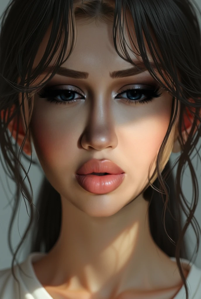 Un primer plano de una Women con un gran pecho y una blusa negra, neckline, thick lips, Portrait Sophie Mudd, she tit, Amazing beauty, sexy girl with dark complexion, thick red lips, deep red lips, big and full lips, Retouched in Photoshop, Amazing beauty, 🤤 girl portrait, sexy lips, cara sexy, Women