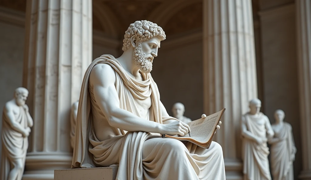 Une statue en marbre blanc grec réaliste et soigneusement détaillée de Marc Aurèle portant une toge fantomatique, fond sombre, lunatique, , photoréaliste, Dîner cinéma réfléchi, super détaillé, hyper réaliste, lumière faible, 8k