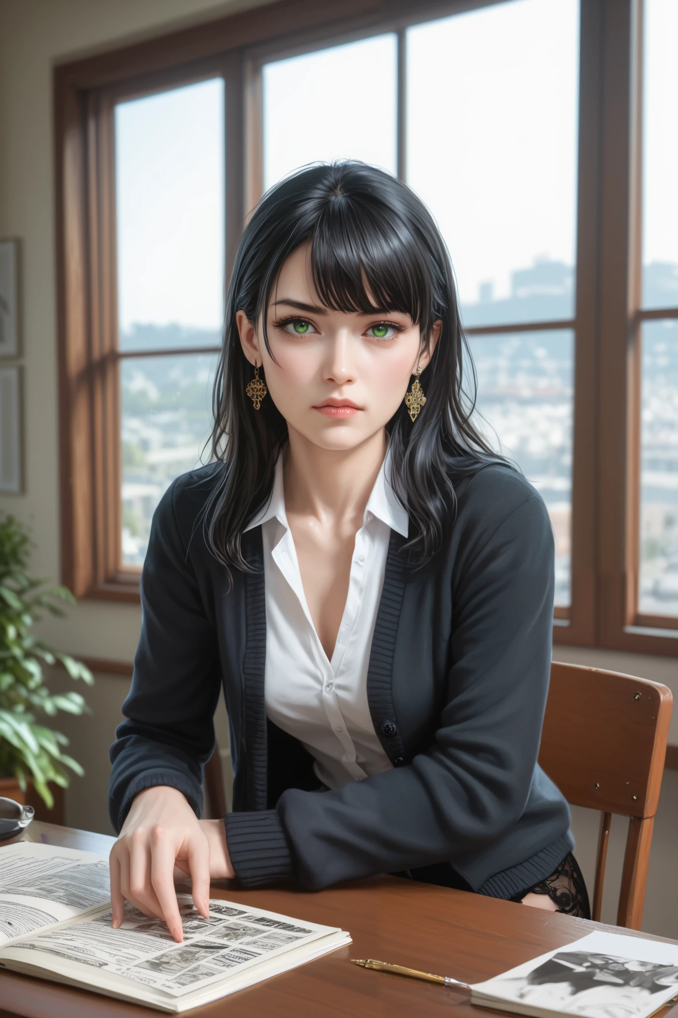 ((((masterpiece, best quality, high resolution)))), Cinematic light, 8k resolution, facial details, (sharp focus: 1.2), (best quality, 8k, highres icon, incredible quality, very aesthetic, anatomically correct, absurd resolution), ultra-detailed, realistic, photorealistic, (photorealistic:1.4), HDR, Ultra HD, ultra-fine painting, (sharp focus:1.2), physics-based rendering, description with extreme details, vivid colors, bokeh effect, Professional, oriental korean girl, Beautiful girl with thin body, (Single's Inferno Season 4: Lee Si-an's) (Ultra HD, Ultra-detailed, Highly detailed, Highly realistic, Ultra-realistic, photograph realistic), (1girl:1.5), (black hair), (long straight hair, fringe earrings), (sitting over a table), looking at viewer, (angry, explicit bad mood face), (green eyes, sharp eyes), (small breasts:1.2), (beautiful detailed face, beautiful detailed eyes), ((black adorned cardigan, thin black material, black lace skirt)), all clothes are black, all clothes are fine clothes, glowing skin, (bedroom background, near a window), seductive,