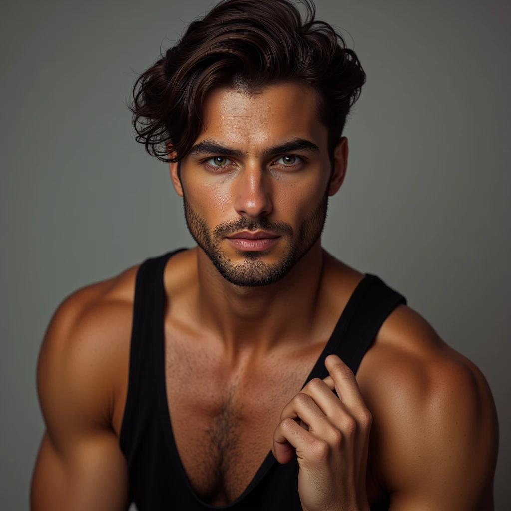 Portrait of a man, European, close-up, naked torso, looks at the camera, on green phone chromakey, perfect facial features, Beautiful, broad shoulders, lots of sunshine, Brown hair, Wavy hair, UHD, textured leather, super detail, anatomically correct, Masterpiece, a high resolution