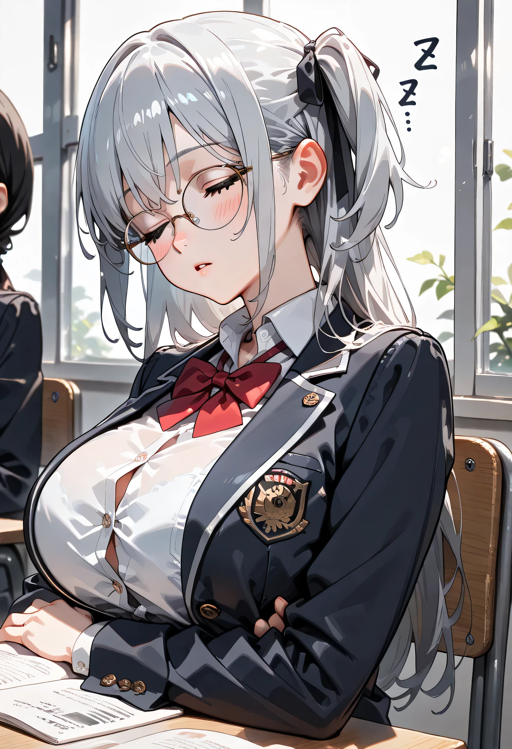 ((ultra-detailed)), (highly detailed CG illustration), (best quality:1.2), ultra-highly detailed, colorful composition, artistic photoshoot, 1girl, solo focus, ((upper body:1.4)), moe anime character, 20 years old girl, dainty facial structure, (), (round face), ((rounded chin:1.2)), ((ideal ratio body proportions)), blue eyes, ((wearing glasses:1.4)), ((round eyewear:1.4)), ((close eyes)), ((Sleeping:1.4)), ((Zzz sleeping text on the head:1.4)), ((nose bubble:1.4)), ((silver hair color)), ((two side up)), ample breast, school uniform, navy blue blazer, modern style with fitted jacket, red neck bow, long sleeves white frilled shirt, navy blue pleated skirt, and black high socks, ((sit on the Classroom chair:1.4)), from side, dynamic pose, contrapposto pose, best quality, masterpiece, expecting, pink cheek, blush, light pink gloss slip, portrait, depth of field, poured sunlight, sidelighting, (shine), lighting, caustics, ray tracing, perfect face, lustrous skin, highly detailed face, highly detailed eyes, perfect face, perfect nose, perfect hair, perfect eyes, perfect anatomy, beautiful hair, beautiful small face, extremely detailed face, beautiful detailed eyes, beautiful clavicle, beautiful body, beautiful huge breasts, leavage, breasts squeezed together, equalize the size of the left and right breasts, beautiful thin thighs, beautiful legs, beautiful fingers, 4 fingers, 1 thumb, lovely, (very detailed background:1.0), (highly detailed background:1.0), intricate details, joyful atmosphere, colorful and sparkling colors palette, chromatic aberration