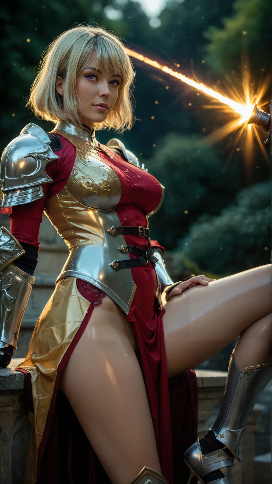 score_9, score_8_up, score_7_up, score_6_up, source_anime, rating_explicit, shiny skin,light particles,mature female, 1girl, slim body, slim legs, solo,Narrow shoulders, slim body, medeuim breast, short hair, bangs, blonde hair, purple eyes, A mature female knight with a slim body and narrow shoulders, wearing a tight red and gold armored bodysuit with white and gold accents, intricate metallic shoulder guards, and a long decorative sash. She has short blonde hair with bangs and striking purple eyes, exuding confidence. She is sitting on a stone ledge with one leg bent and the other extended, resting her hand on the ledge for support. The background is dark and dramatic, with a glowing meteor streaking across the sky, casting an intense light over the scene. The atmosphere is mysterious and cinematic, with subtle light particles enhancing the ambiance. Shiny skin reflecting the meteor’s glow, highly detailed rendering, anime-style, ultra HD, dramatic lighting, cinematic composition. --ar 16:9 --v 6 --style raw --q 2 --s 750 --q 2