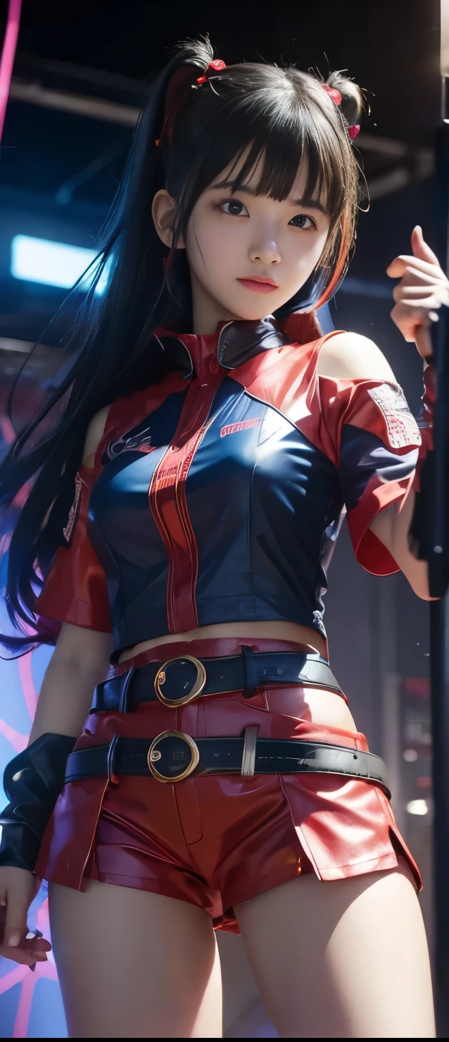 pure cyberpunk idol girl、A pure girl's face、 hypo、red and blue spider shorts uniform、Puppet belt、standing on a glowing spider web