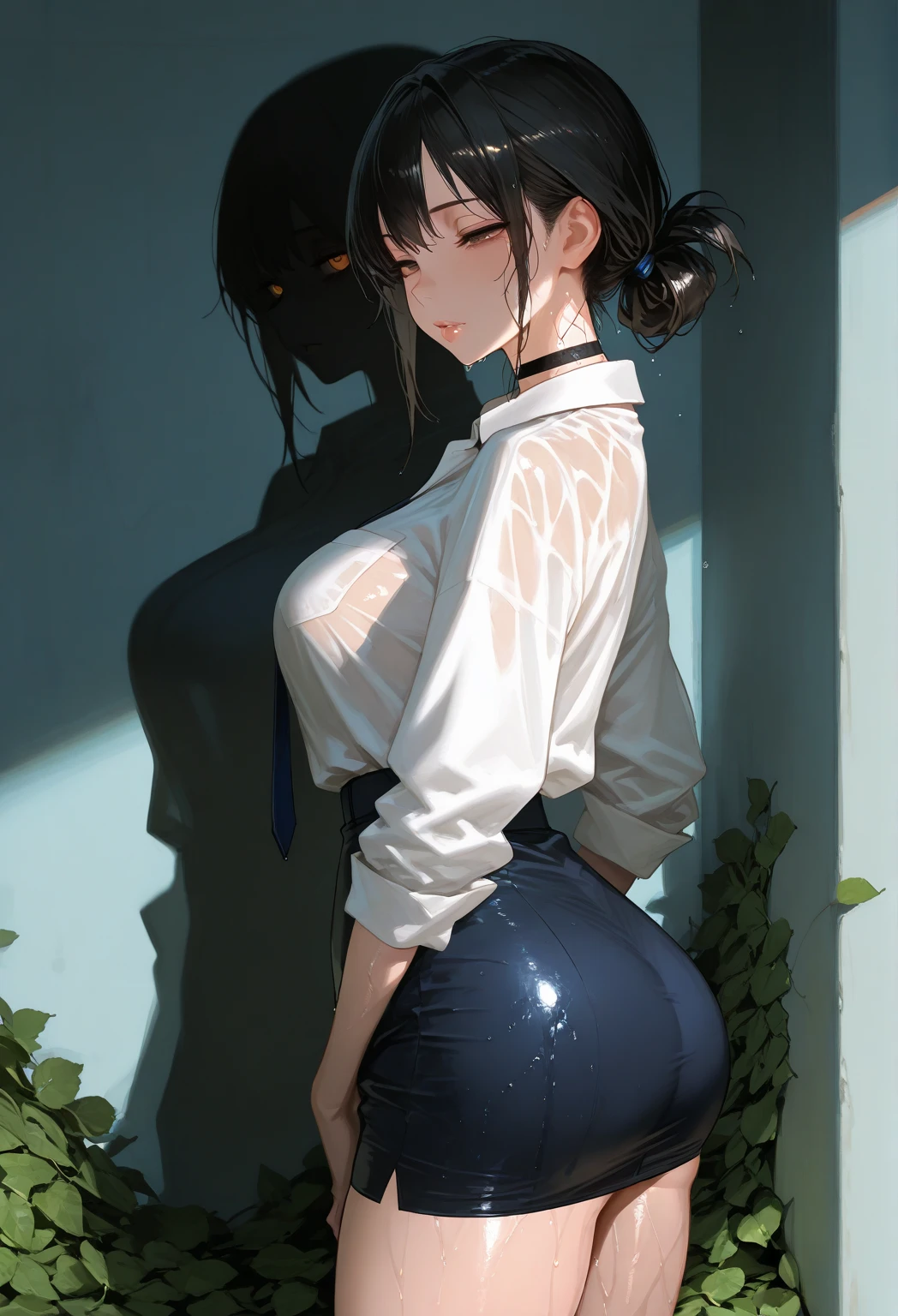 nsfw:1.5,(((Perfect Anatomy, Anatomically correct, Very detailedな肌))), 1 girl, Japanese,  Shiny skin, Observe the audience, ((Back view, From below)), Beautiful Hair, Beautiful Face, Beautiful details, (short hair:1.1, Bobcut:1.2), Dark blonde hair:1, blue eyes, Baby Face, Mole under the eye, Beautiful clavicle, Beautiful body, Beautiful breasts, Big Breasts:0.5, Beautiful thighs, Beautiful feet, Camel Toe, ((Short sleeve, Torn suit、Tight mini skirt、Torn stockings)), Captivating thighs, ((Embarrassing, Scared, sad, tears, cry, Half-open mouth)), Are standing, (((Leaning forward),  Raise one leg, Torn clothes:1.5、Bare nipples)), ((midnight:1.5、Late Night:1.5、Dark without light:1.5))、8k, highest quality, Masterpiece​:1.2, locker room、Very detailed), (Realistic), Beautiful illustrations,  whole body,(Face pressed against the wall:1.5、Strong man)