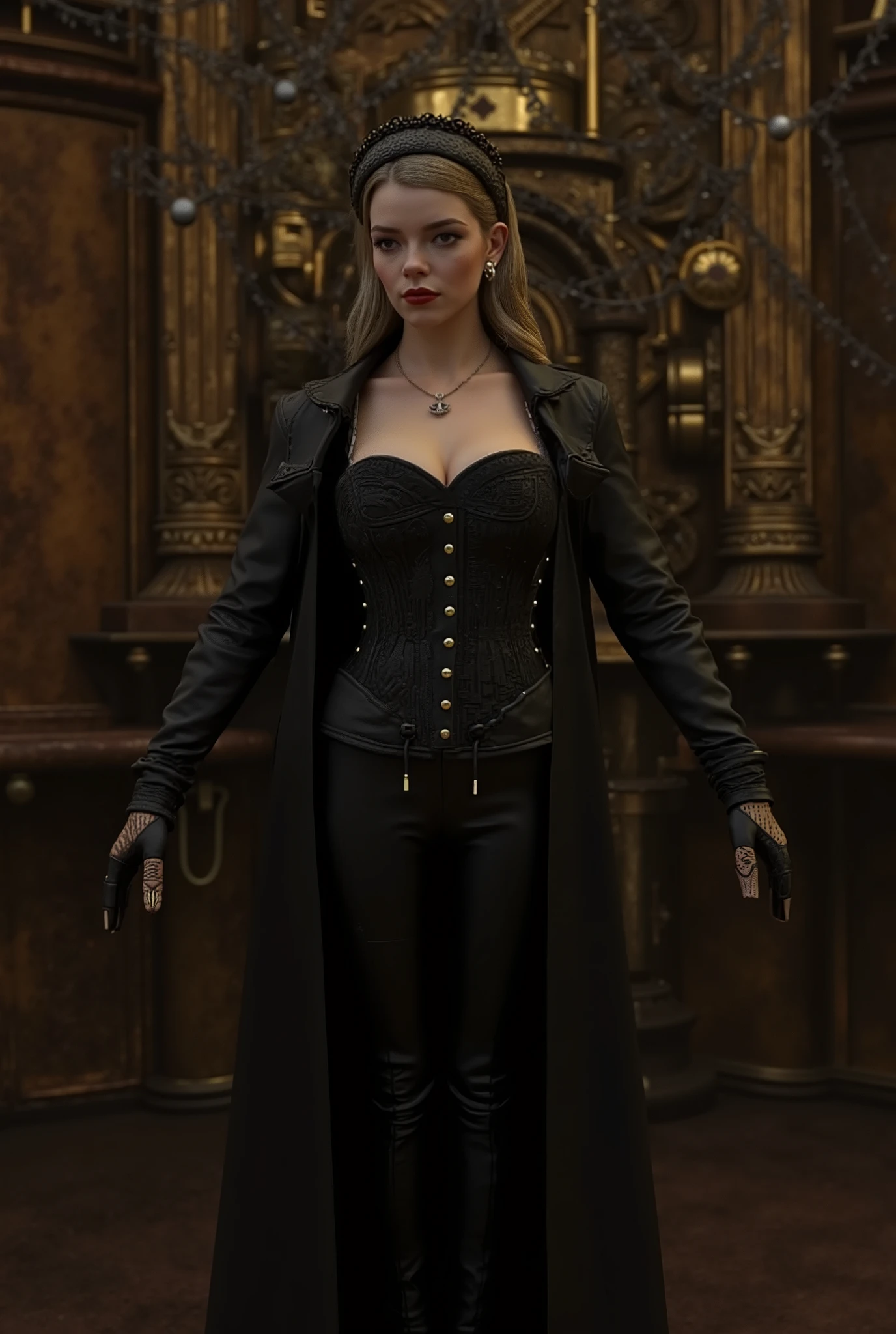 A 3D render of a hauntingly realistic portrayal best quality, highres, 4k, 8k, amazing quality, Photo full portrait of photo real. steampunk woman black leather corset and black leather pants. thigh high boots with 6 inch heels. steampunk background. “full body portrait
