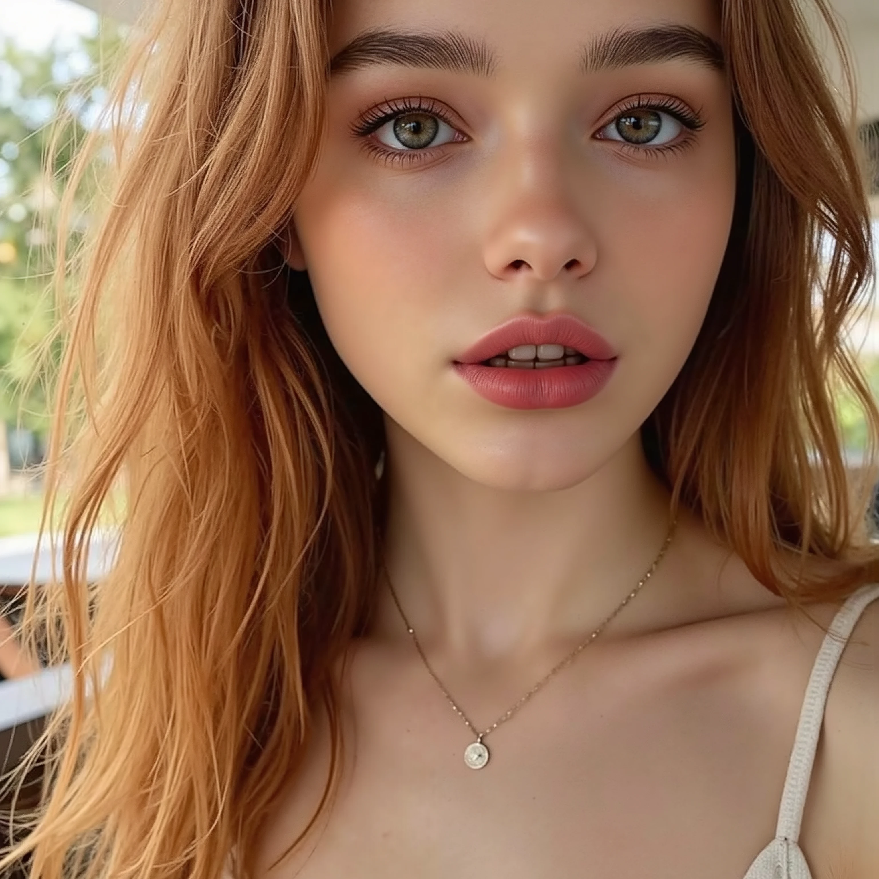 Pretty beautiful Serena in a selfie shot, 25-year-old, 1.76 meters tall, measurements 95-60-90, who expresses charm, sensuality and elegance in her poses, big emerald green-eyed, magnetic gaze, freckles, two buttery and big red fleshy lips, red lipstick, great long red hair, full-bodied and wavy, make-up natural with particular emphasis on the eyes and lips, wears an extra-large white men's shirt that reaches up to her thighs with nothing underneath, and accessories that match the color of her great long red hair, photorealistic,vivid colors,soft lighting