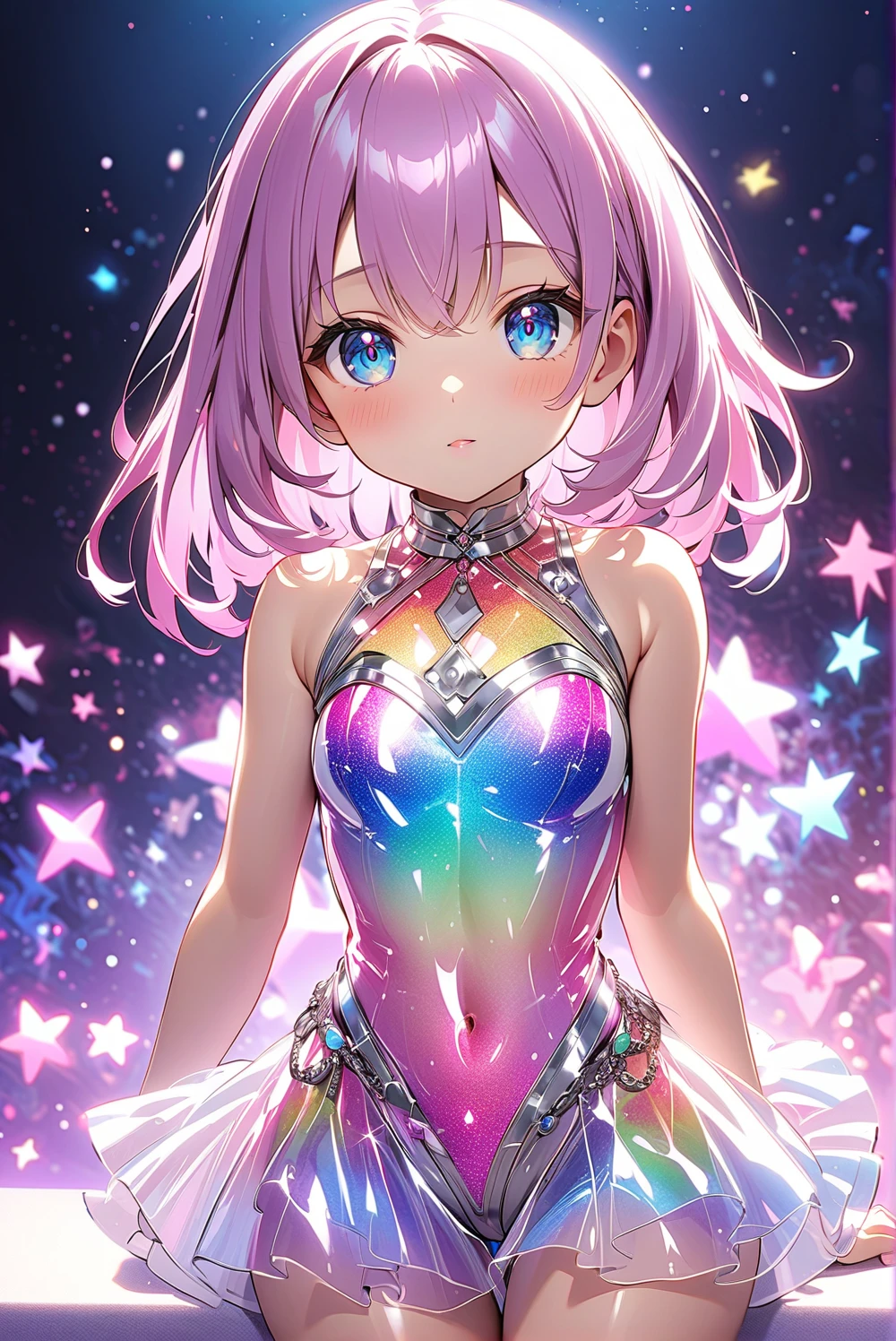 (high detail, high quality, best picture quality, masterpiece, 8K), DOF, Focus on the face, from below, at a medium distance, in a rule of thirds composition, full body standing, ((very pretty girl in her early teens is looking up at the sky with a gentle smile/big bust/dark red eyes/Sparkling Eyes/Iridescent long hair/hime cut hair)), hair over one eye, play boy bunny, Fishnet stockings, shiny glossy iridescent clothes, shiny glossy latex gradient iridescent clothes, shiny reflective clothes, transparent clothes, intimate clothing, glass texture, gradient translucent glass melt, dynamic posing, exciting mood, smiling, dynamic angle, sexy pose,