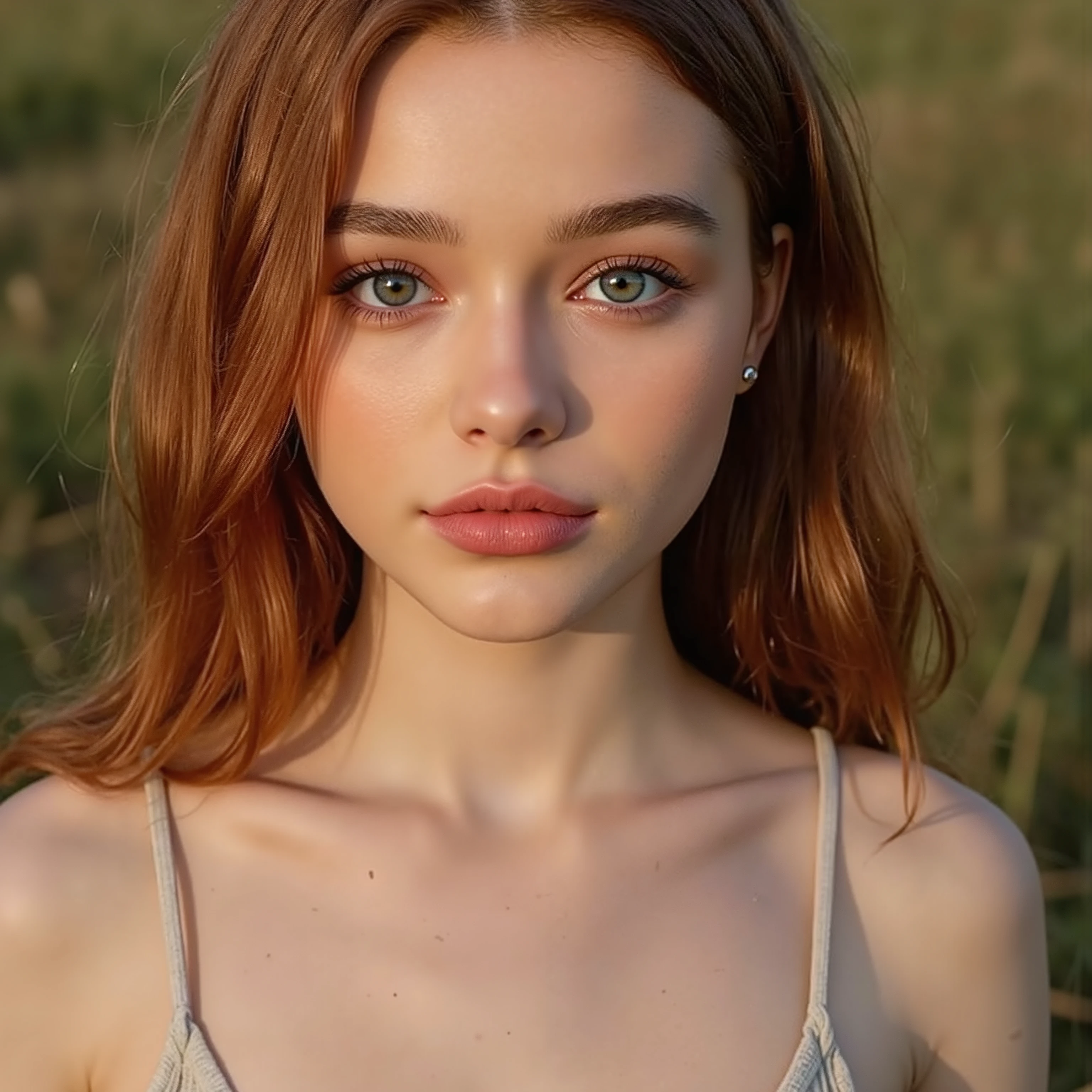🌟 quality & silent:
cowboyshot, masterpiece, 8k, ultra high resolution, hyperrealistic, very detailed, natural lighting, SLR lighting, SLR camera , Fujifilm XT3, film grain, Sharp concentration, perfect lighting.

🌌 Scene & background:
A soft , natürlicher background mit sanftem Licht, that shows off her facial features and hair perfectly. The atmosphere is intimate and focused.

😈 model & Styling:
a young, wild girl with fiery red hair, which in various Poses fall loose or styled are,  and bright blue eyes .  She is wearing a lightweight , torn dress made of natural materials, that underlines her free and independent nature.

🔥 Pose & Mood:
Different poses and facial expressions:

     she looks directly at the camera , with a cheeky smile and a challenging look.

    She tilts her head slightly to the side, with a thoughtful and thoughtful and dreamy expression.

    She laughs heartily , with closed eyes and a radiant smile.

    She looks over her shoulder, with a mysterious and seductive look.

Die Mood ist vielfältig, from cheeky and cheerful to dreamy and mysterious.

💋 Brief summary 💋
"a young, wild girl with fiery red hair  and bright blue eyes  in verschiedenen Porträtaufnahmen bis zur Brust. She shows various poses and facial expressions, from cheeky and cheerful to dreamy and mysterious. Die Scene ist hyperrealistic, hochdetailliert und in 8k-quality, with an intimate and focused atmosphere."