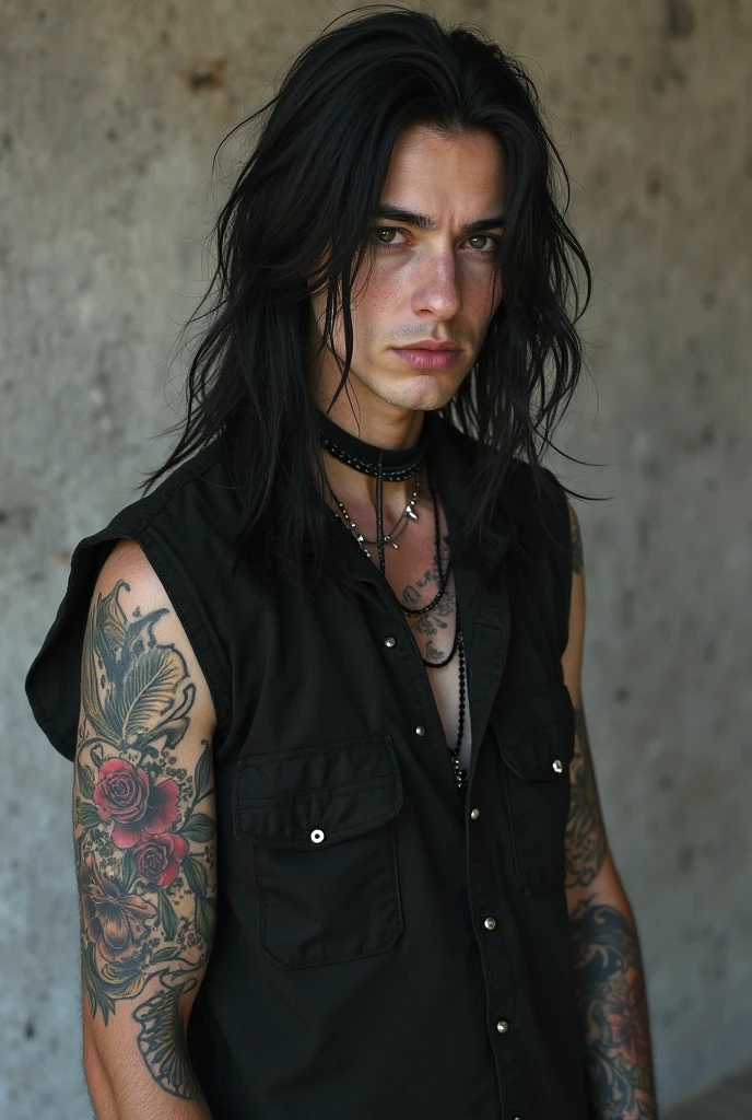 Create a pale boy with black hair. His hair is long and he has many tattoos on his muscular arms.. He has a serious face