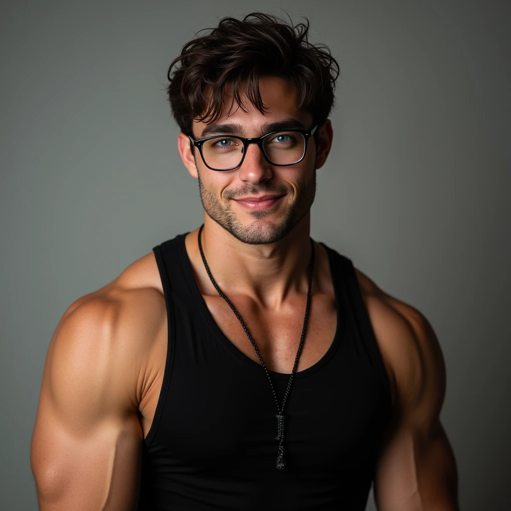 Masterpiece, Best quality, Solo,European Man,He is 18 years old.,Young face,Wear glasses,background is Black brick wall with dim lights, skinny boy body, muscle body,sport body, big muscle, Handsome face,Golden Feather Hair Color,Natural eyes, athletic physique, slender, no body hair, He was wearing tight Metal Black Calvin Klein underwear and curved legs., perfect , male , correct male scrotum, perfect scrotum, male structure, short detailed hair, Sexy guy, looking at viewer, standing,highest detail, superior quality, natural lighting, beautiful, sexy, correct anatomy, good composition, man focus,amazing composition, front view, HDR, volumetric lighting, ultra quality, elegant,vpl,the middle of the picture