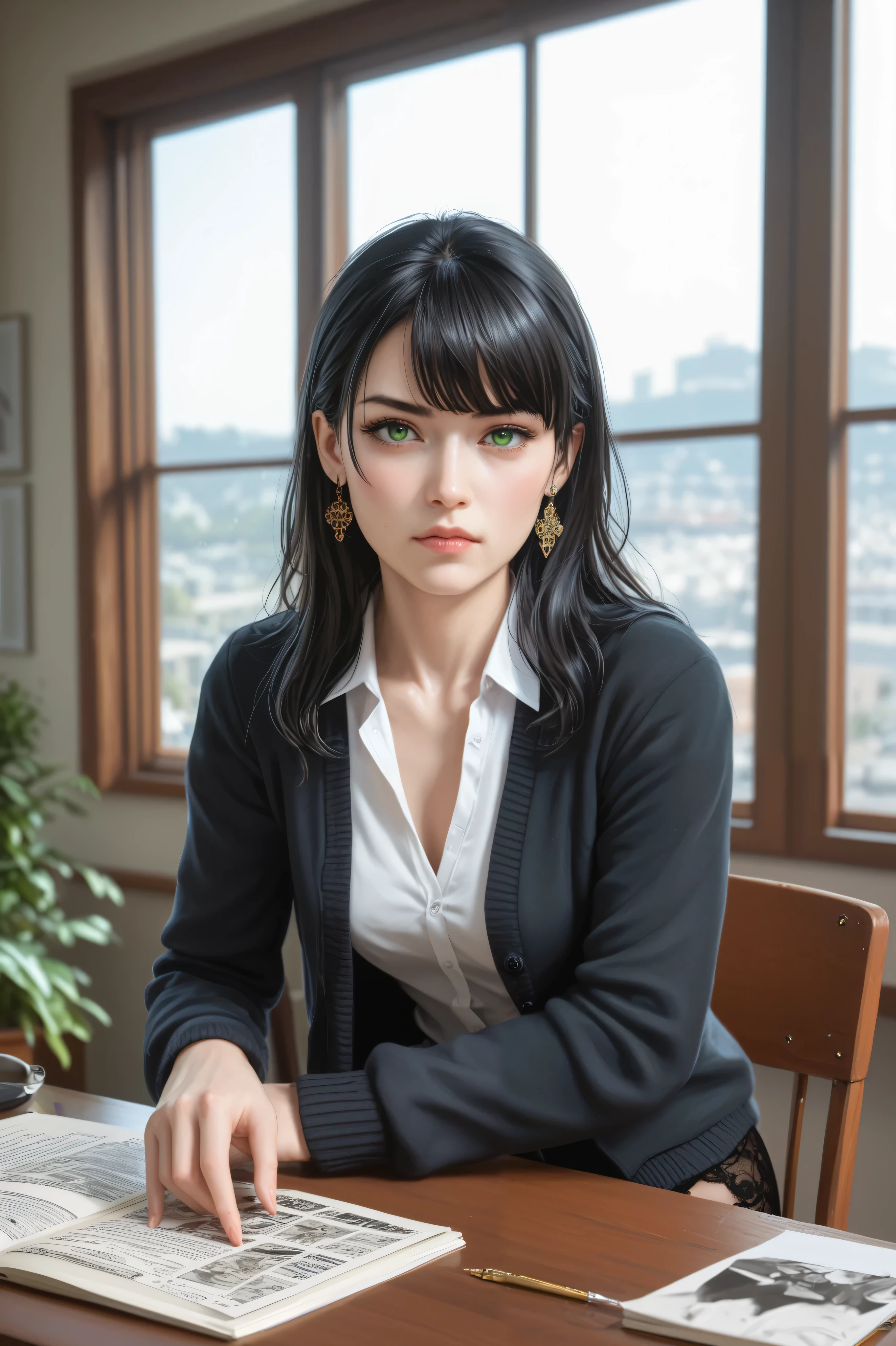 ((((masterpiece, best quality, high resolution)))), Cinematic light, 8k resolution, facial details, (sharp focus: 1.2), (best quality, 8k, highres icon, incredible quality, very aesthetic, anatomically correct, absurd resolution), ultra-detailed, realistic, photorealistic, (photorealistic:1.4), HDR, Ultra HD, ultra-fine painting, (sharp focus:1.2), physics-based rendering, description with extreme details, vivid colors, bokeh effect, Professional, oriental korean girl, Beautiful girl with thin body, (Single's Inferno Season 4: Lee Si-an's) (Ultra HD, Ultra-detailed, Highly detailed, Highly realistic, Ultra-realistic, photograph realistic), (1girl:1.5), (black hair), (long straight hair, fringe earrings), (sitting over a table), looking at viewer, (angry, explicit bad mood face), (green eyes, sharp eyes), (small breasts:1.2), (beautiful detailed face, beautiful detailed eyes), ((black adorned cardigan, thin black material, black lace skirt)), all clothes are black, all clothes are fine clothes, glowing skin, (bedroom background, near a window), seductive,