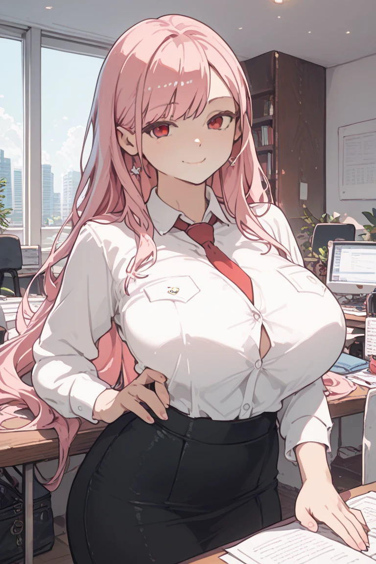 (mature woman), blush, Ahegao, (middle aged), white skin, smooth white thighs, Sheer blouse, tight mini skirt, wearing glasses, Pink bob hair, beautiful face, chest, sweating, sexy, highest quality,8K quality,stand pose, (background: In front of the desk in the office)