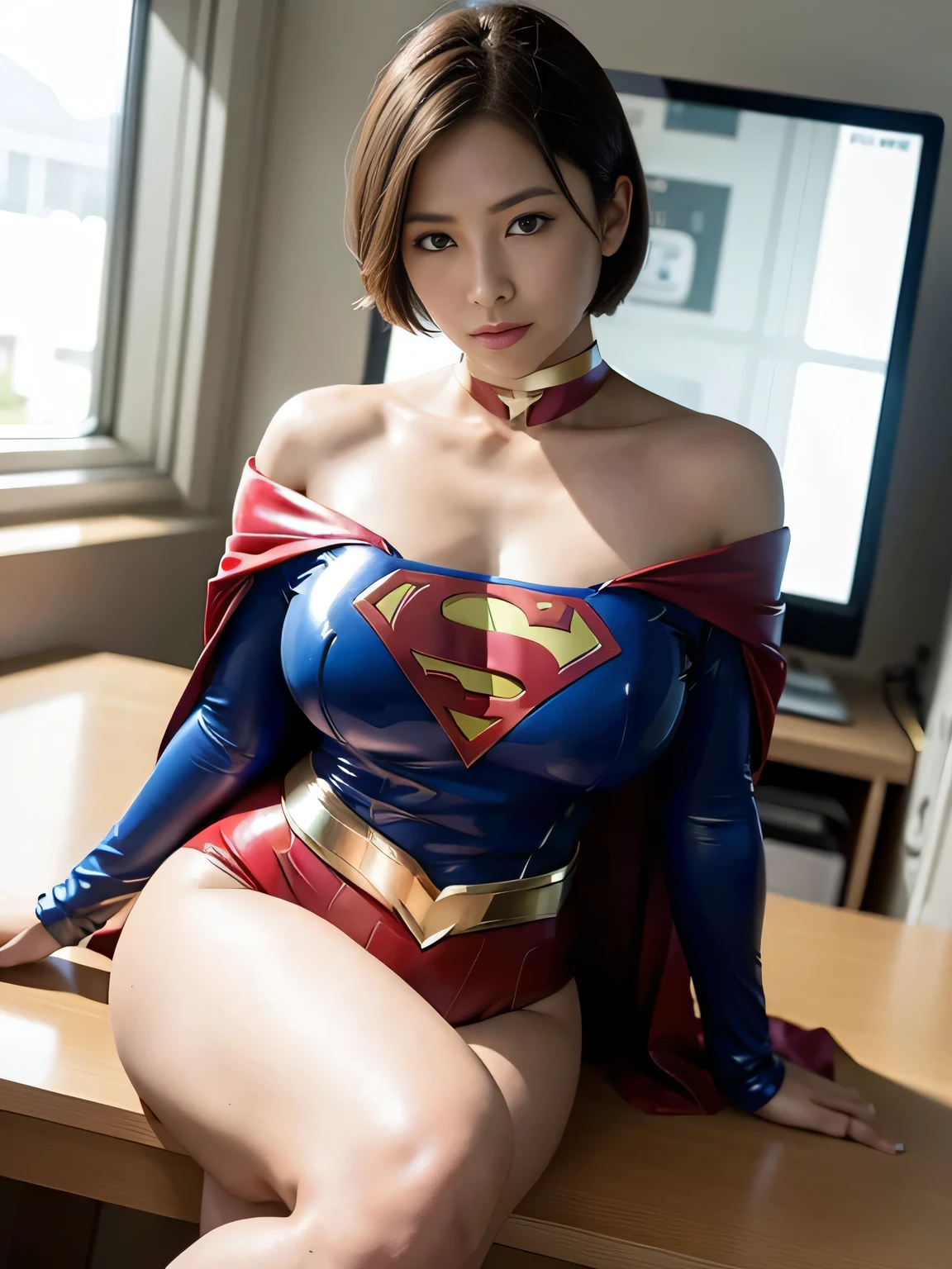 (best quality,4k,8k,highres,masterpiece:1.2), ultra-detailed, (realistic,photorealistic,photo-realistic:1.37), Short-haired Supergirl straddling school desk seducing、large full breasts、Looking at the camera、Glossy costume、a choker、bare-legged、Weekly magazine cover、Cheerful pose