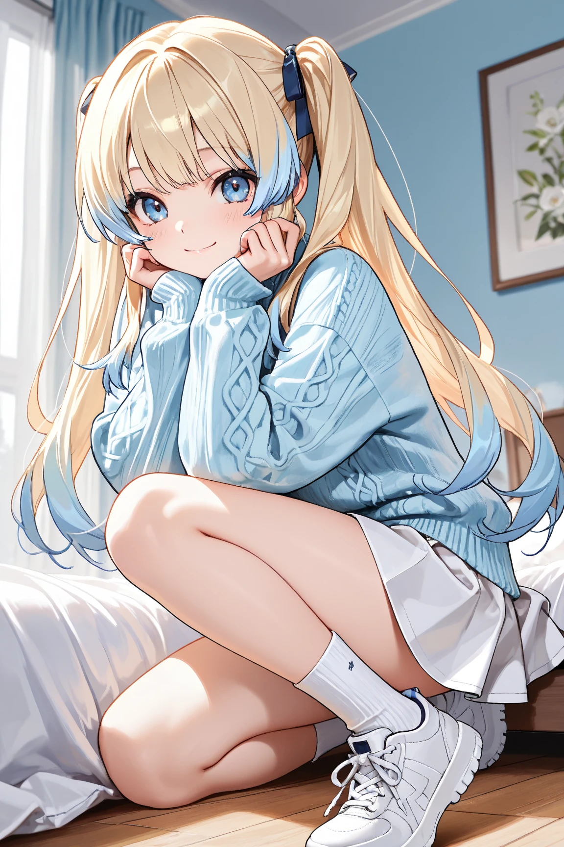 (obra de arte:1.2), (melhor qualidade:1.2), Olhos perfeitos, rosto perfeito, perfect lighting, 1girls, aroused, blonde female, blonde hair, blue eyes, blush, bottomless, cat ears, cat ears hoodie, clothed, clothed female, clothing, cute female, female focus, female on top, fit female, full lips, happy, hood, hood up, hoodie, light skin, light-skinned female, long hair, looking at viewer, looking pleasured, moaning, no panties, on bed, panting, passionate, , pussy, slim waist, smile, straddling, straight, age girl, teen, twintails, wholesome, young, younger female
