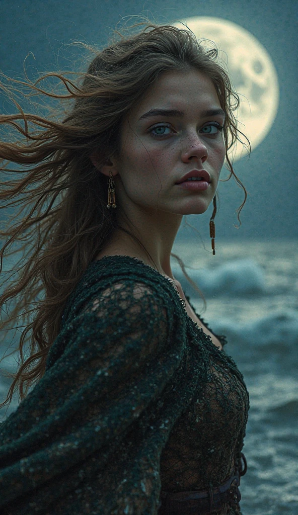 cinematic movie of dark witch, dirty pale skin, older women, no makeup, upper body,dark scruffy hair, action shot, wearing torn and dirty black robes, detailed skin, 20 megapixel, canon eos r3, detailed freckles skin, detailed, detailed face, in style of (dark fantasy pirate ship)+, movie grain