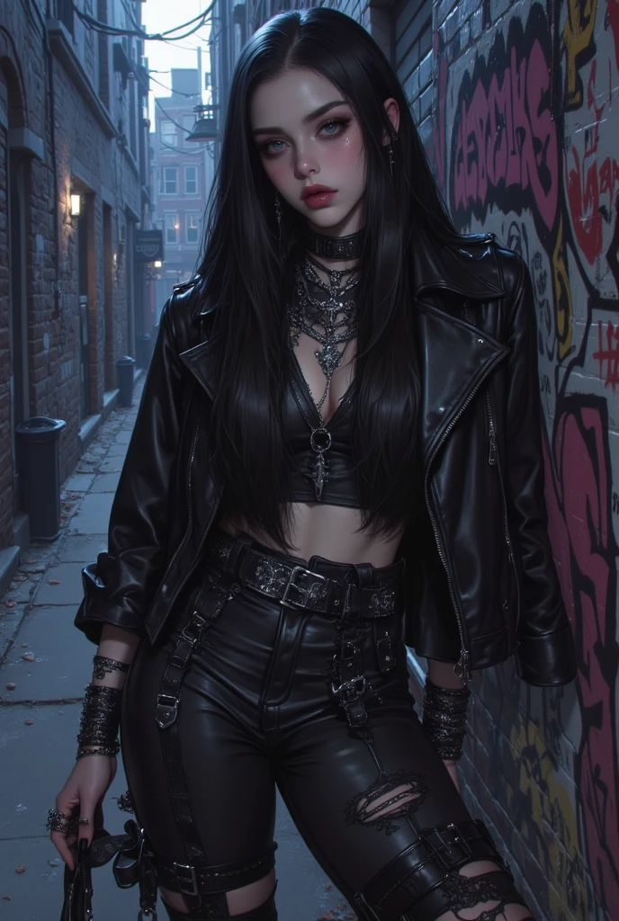 In the shadowy realm of punk rock rebellion, a captivating vampire girl emerges. With her unruly, jet-black hair adorned with spiky embellishments, she defies traditional expectations, embodying an edgy allure. Her crimson eyes, gleaming with an otherworldly intensity, pierce the darkness, as if beckoning you towards her. Splashes of gothic makeup accentuate her porcelain skin, provoking a sense of intrigue and desire. Clad in a torn, black leather jacket, she exudes an air of toughness and fearlessness. Enhancing her rebellious spirit, her skintight, ripped denim