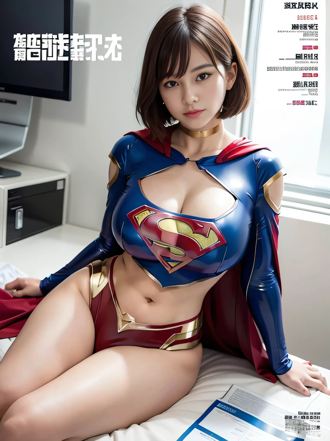 masterpiece、supergirl costume、short hair、barefoot、big and full breasts、Rest rooms、crazy about masturbating on bed、sexy pose、model body shape、shiny、looking at camera、Seduce、choker、long sleeve、red mini skirt、Weekly magazine cover、gravure magazine、sweaty、Exciting、