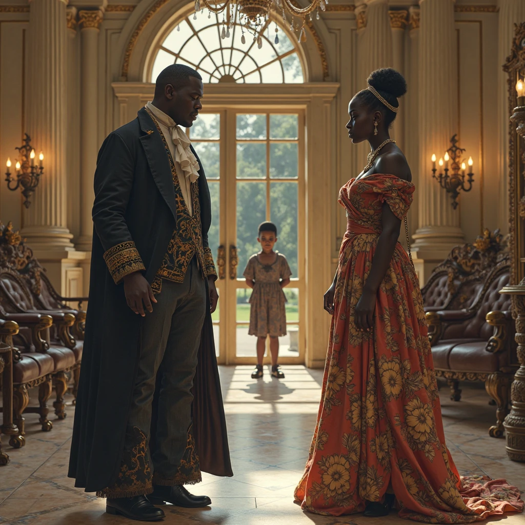 a couple of people in fancy clothes standing on a wooden floor, 40 years old, Africans, African people, aristocratic clothing, georgian dress amazing fabric, intricate costume design, royal gown, 1 8 th century style, georgian dress, ( ( emma lindstrom ) ), wearing a white ballroom gown, dress in the style of rococo, rococo dress, both wearing victorian clothes, colonial style