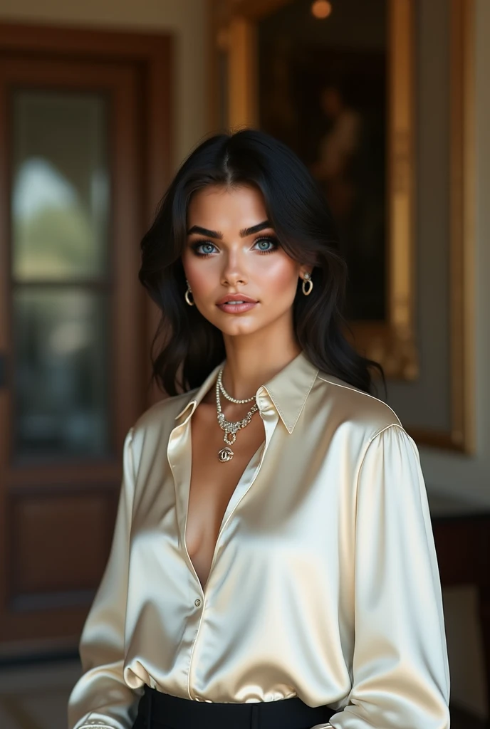 Apparence physique :
• Cheveux longs, ondulés, de couleur brune avec des reflets dorés.
• Yeux en amande, de couleur vert émeraude.
• Peau légèrement bronzée, lisse et éclatante.
• Lèvres pleines et bien dessinées, avec un rouge à lèvres rouge vif.
• Silhouette élancée et athlétique, avec des courbes harmonieuses.
• Tenue vestimentaire :
• Haut : Un top en satin noir, ajusté et décolleté en V plongeant, mettant en valeur le buste.
• Bas : Une jupe crayon en cuir rouge, moulante et taille haute, s’arrêtant juste au-dessus des genoux.
• Chaussures : Des talons aiguilles noirs vernis, avec des lanières croisées autour de la cheville.
• Accessoires :
• Un collier en or fin, orné d’un pendentif en diamant.
• Des boucles d’oreilles pendantes en or, assorties au collier.
• Un bracelet en or massif au poignet droit.
• Une pochette en cuir noir, élégante et minimaliste.
• Maquillage :
• Un maquillage des yeux fumé (smokey eye) avec des nuances de noir et de gris.
• Un mascara volumisant pour des cils longs et épais.
• Un blush rosé sur les pommettes pour un effet bonne mine.
• Coiffure :
• Cheveux lâchés, légèrement ondulés, avec une raie au milieu.
• Attitude :
• Confiance en soi évidente, posture droite et gracieuse.
• Regard captivant et sourire séduisant.