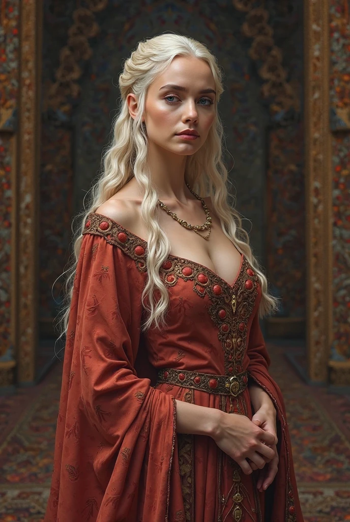 A beautiful Young  and beautiful princess with black long hair wearing a royal Red cotton Fabric Princess gown with dark golden cotton cloak, Her platinum blonde hair braided around her head like a ring, A black ring shaped flat large plane tiara on her head, She's standing straight, Iron throne from house of dragons on her background, candles around,  Photorealistic 