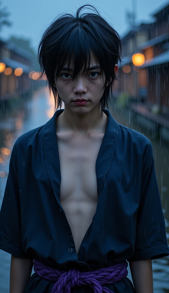 high resolution, realistic, A hyper-realistic,  boy, Edgy Ulzzang boy, green hair, bowl cut, gorgeous boy face, showing dominance, skinny body, shirtless, male, fair skin, wet skin, armpit, katana, bamboo forest