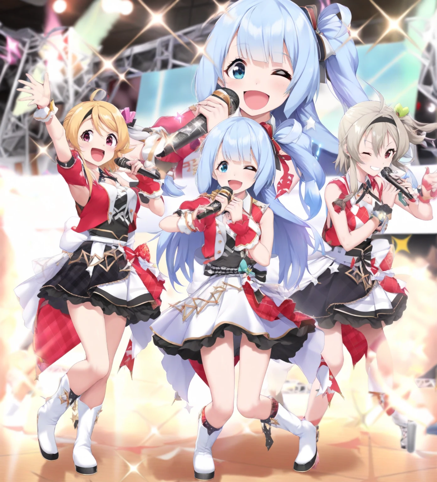 ((32k)), ((best quality)), ((ultra high res)), ((HDR)), ((UHD)), ((extremely detailed CG)), ((unity 32k wallpaper)), ((illustration)), ((((3 girls)))), (cute smile), ((cute bikini)), (((Idol Costumes))), ((Idol Stage Background)), ((Holding a microphone)), (Peering from below), ((happy)), blue hair, black hair, closed mouth, 