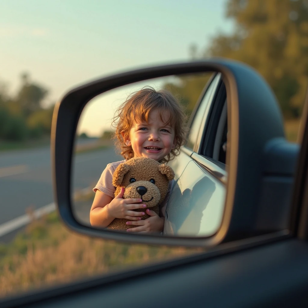 A serene capture of a , curls framing her peaceful face, nestled in the backseat of a family car, fast asleep with a stuffed animal clutched tight. Natural light filtering through the partially open window, casting soft shadows across her innocent features. Realistic photo style, emphasizing the warmth of the afternoon sun and the tranquility of the moment. Lens: 35mm, shallow depth of field blurring the edges. Weather: Gentle breeze, clear blue skies. Atmosphere: A quiet moment of blissful rest on a road trip