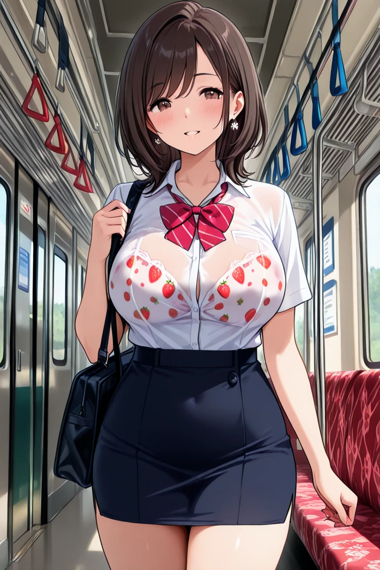 (a cute girl), ((top gravure idol, 22 years old):1.1), ((shiny brown french twist hair):1.1),((open mouth, smile ,looking at viewer):1.1), ((school uniform, shirt lift, beautiful pink pleated medium length skirt, school bag, lacy bra and panties):1.2),((black thigh highs):1.1),((standing, skirt lifting up:1.5 ,hand on hip):1.2), (((showing panties:1.5))),red color high leg micro panties:1.3, ((she is surrounded by passengers, on crowded train):1.3) BREAK ((beautiful big breasts and big bottocks, narrow waist):1.2),(photorealistic:1.1), (detailed skin:1.2),(radiant colors:1.2), ((Best quality, 4k, Masterpiece, UHD):1.2), ((sharp focus, professional cinema lighting ):1.2), ((shot from below):1.4)